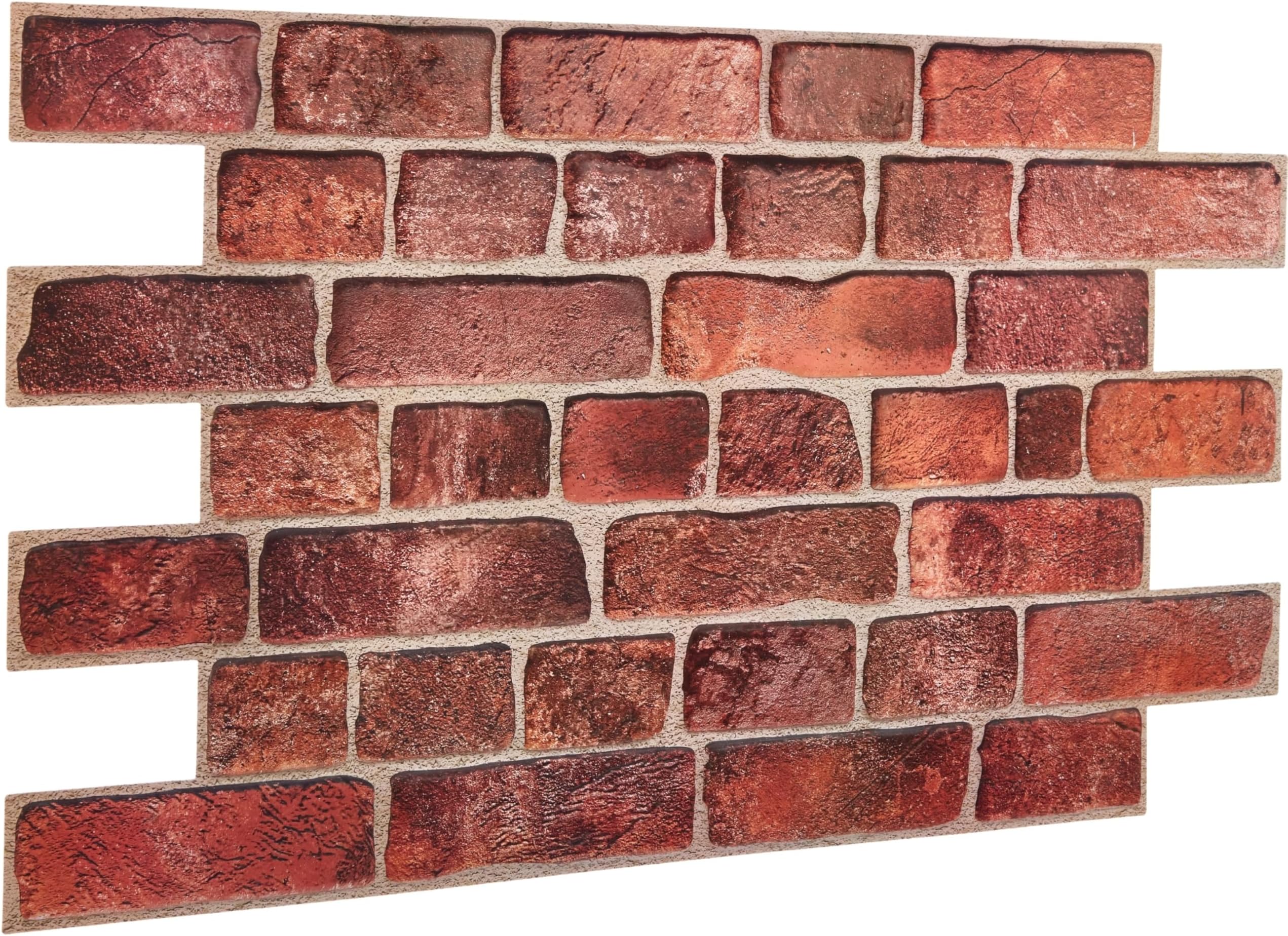 3D Faux Brick Wall Panels 37.8’’ x 18.9’’ - 10 Sheets, Covers 4.6 sqm / 49.6 sq ft - Decorative Artificial PVC Wall Panels for Cladding - Kitchen, Living Room, Bedroom, Office - Deep Red Brick