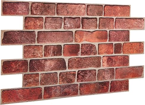 3D Faux Brick Wall Panels 37.8 x 18.9 - 10 Sheets, Covers 4.6 sqm / 49.6 sq ft - Decorative Artificial PVC Wall Panels for Cladding - Kitchen, Living Room, Bedroom, Office - Deep Red Brick