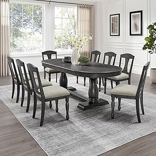 JURMALYN Oval Extendable Dining Table for 6 8 10 Solid Wood Dining Room Table with 8Chairs Set, 9 Piece Kitchen Table with Leaf Country Rustic Farmhouse Black (76.06" to 94.06 ")