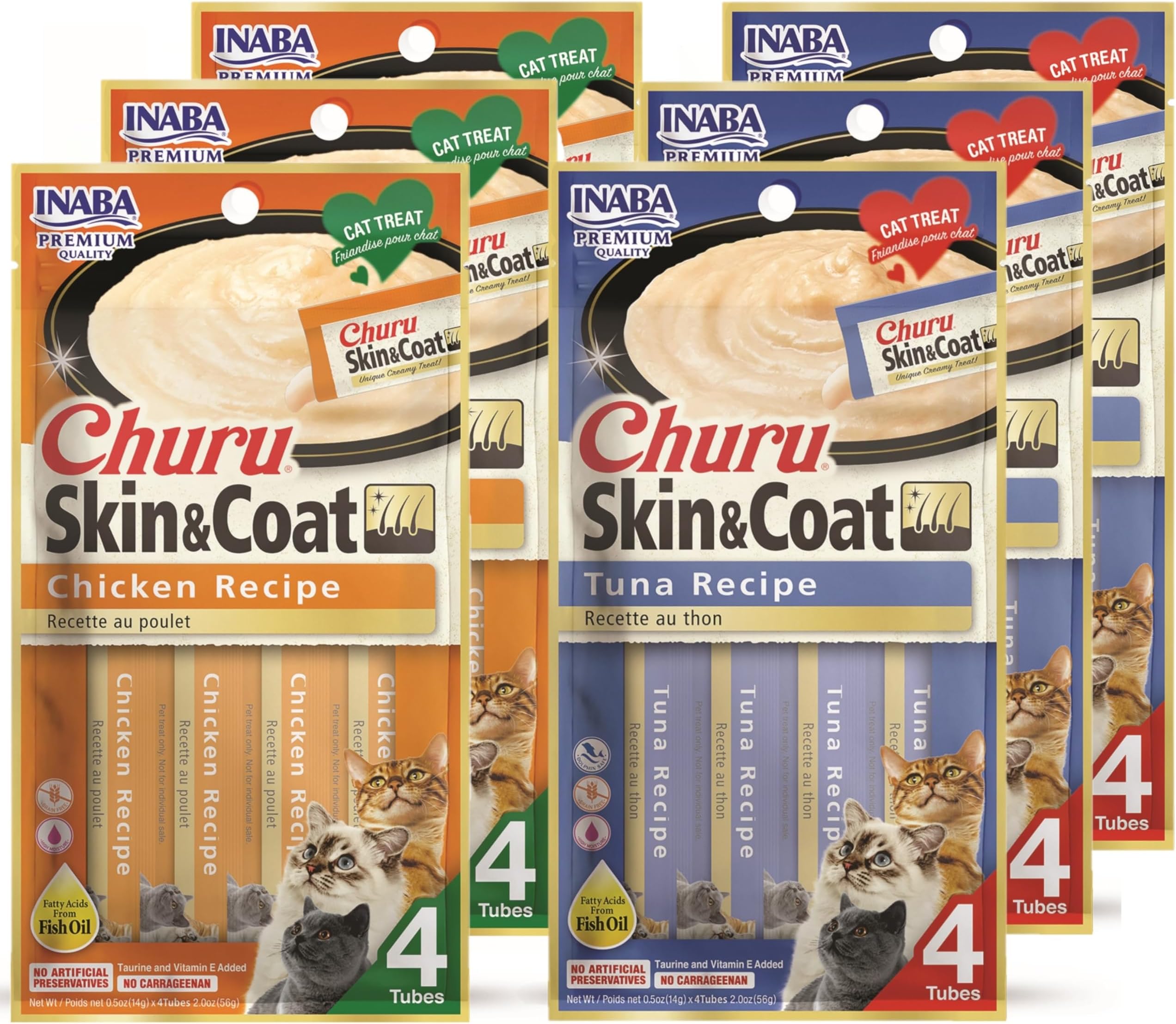 Churu for Skin and Coat Lickable Purée Natural Cat Treats with Omega Oils, Taurine and Green Tea, 0.5 Ounces Each - 2 Flavor Variety Pack (24 Tubes)