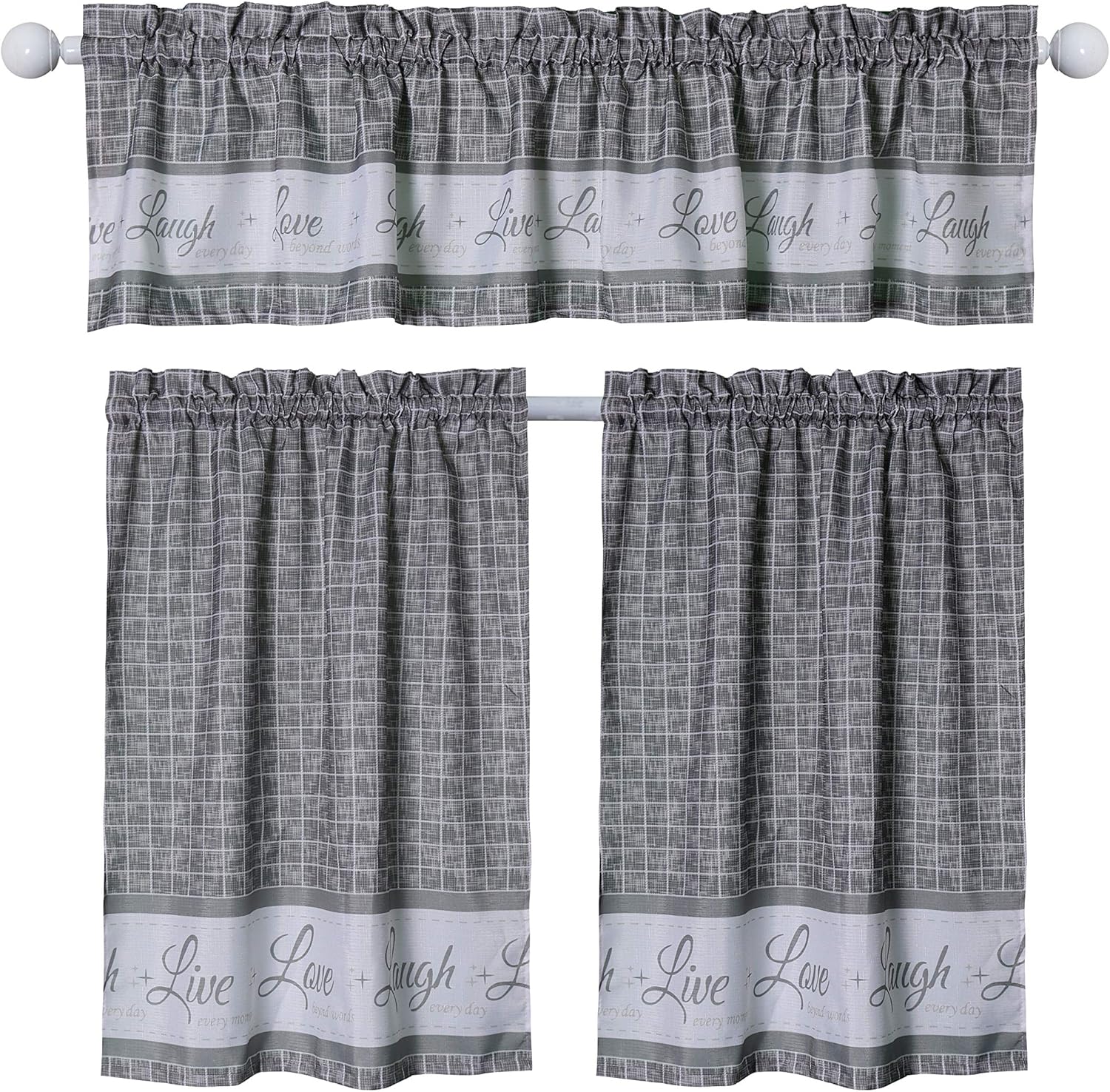 Country Gingham Check Live, Love, Laugh Window Curtain Tier Pair and Valance Set, Pair & Valance 58" x 36" (Grey, Tier Pair & Valance Set 58" x 36")