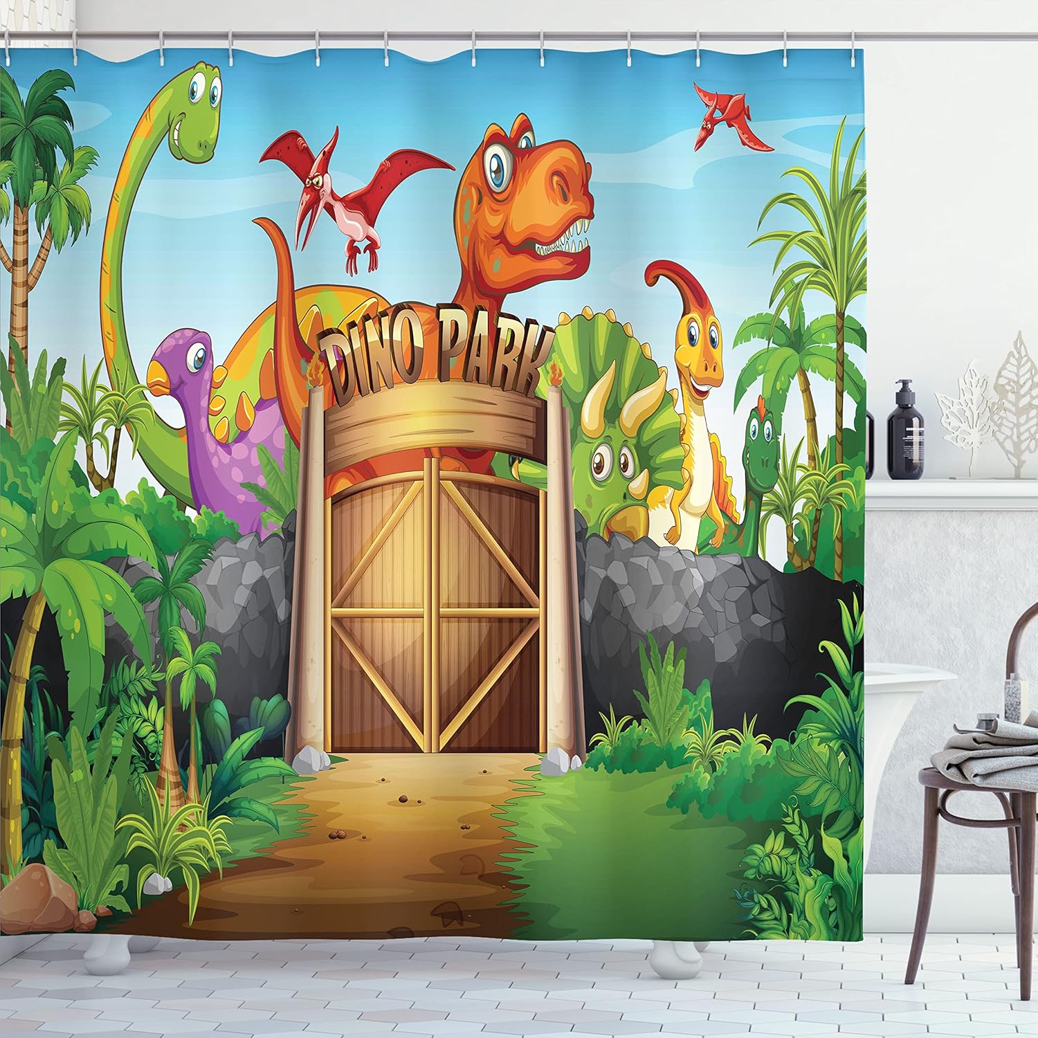 Ambesonne Zoo Shower Curtain, Dinosaurs Living in Park Cartoon Prehistoric Wildlife Forest Trees Door Illustration, Fabric Bathroom Decor Set with Hooks, 69" W x 75" L, Green Orange
