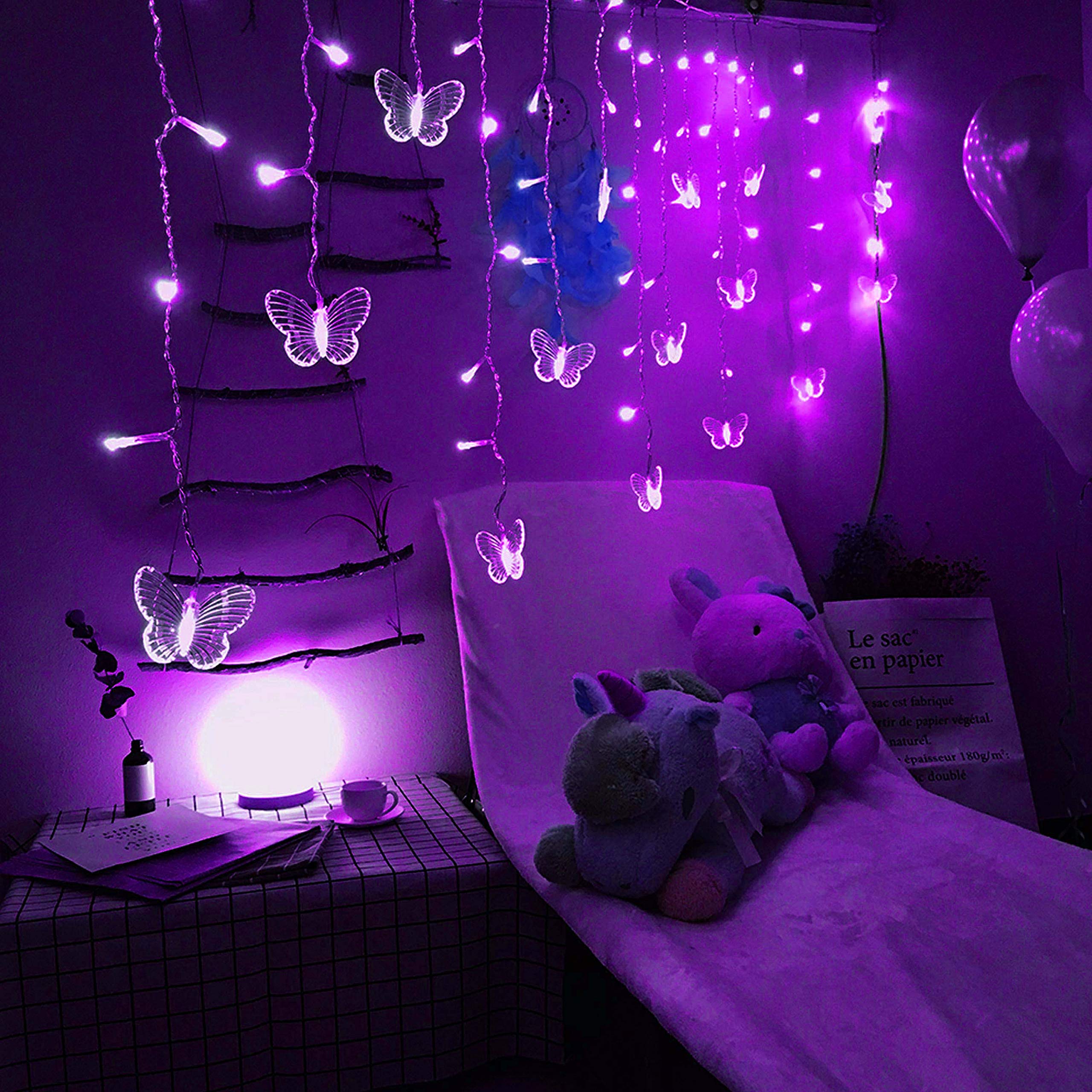 Schmetterlings-Vorhanglichter, 8 Modi, 120 LED-Lichterkette, USB-betrieben, Funkeln mit Fernbedienung, für Schlafzimmer, Hochzeit, Party, Weihnachten, Urlaub, Dekoration (4,5 x 0,6 m, lila)
