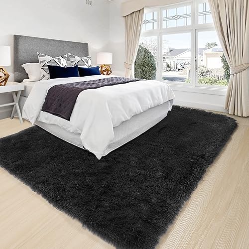 Miniatura 3 de RUGTUDER Alfombra de área de 5 x 8 pies para sala de estar, alfombras peludas de teñido anudado gris oscuro para dormitorio, alfombras de felpa
