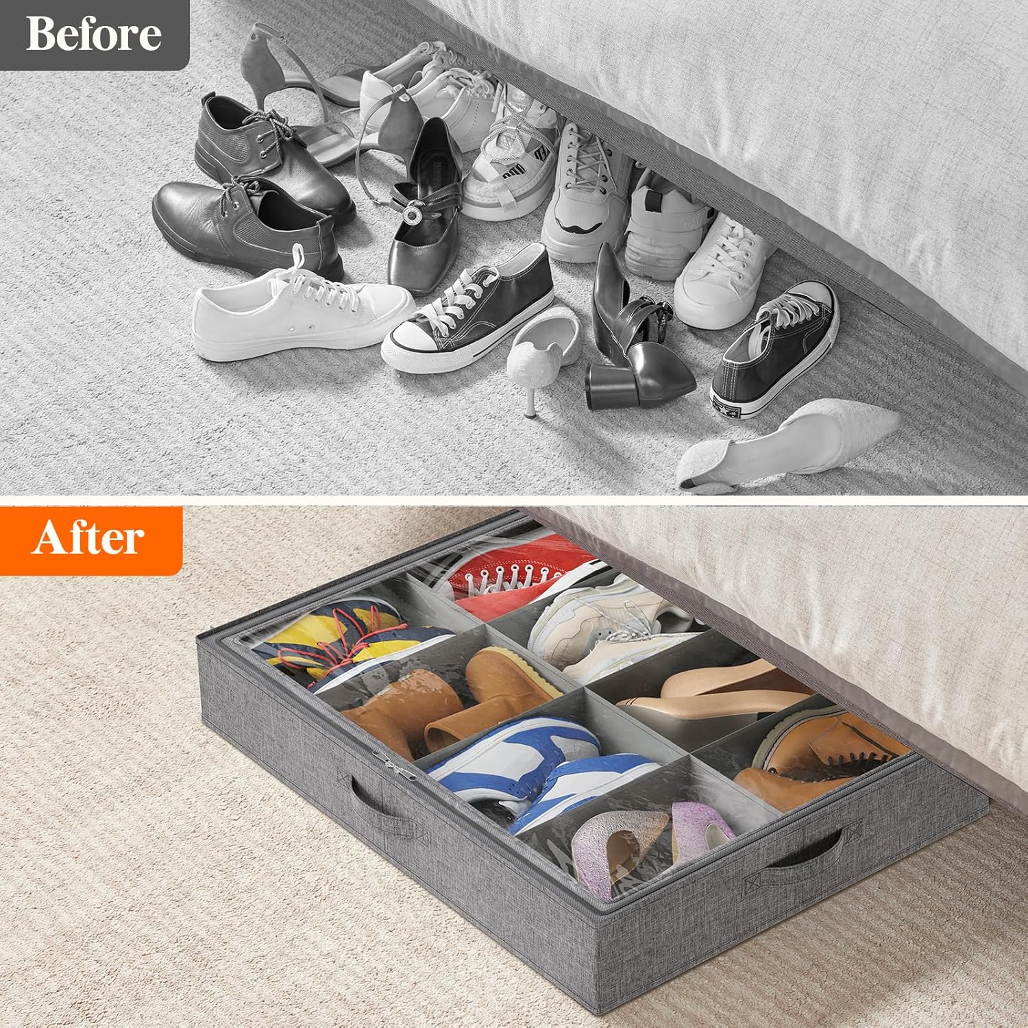 Lifewit Under Bed Shoe Storage Organizer Fits 8 Pair Sneakers, 4.3 Inches Tall Sturdy Structure Ultra Thick Fabic Sneaker Storage, Foldable Underbed Shoe Boxes for Heels, Boots, Sports Shoes 3 Pack
