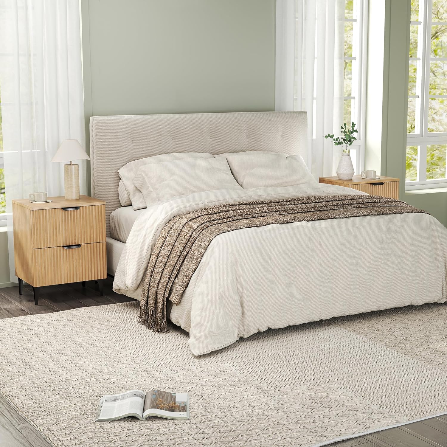 SUNWAVE Fluted Nightstand Set of 2, Modern Night Stands with 2 Drawers, Bedside Table for Twin/Full/Queen Bed, End Table with Robot-Friendly Metal Legs for Bedroom, Living Room 2 Drawers-2pcs-oak