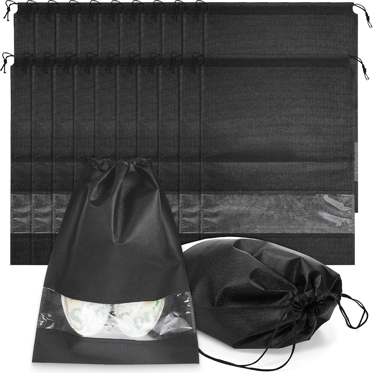 Shappy 50 Pcs Black Travel Shoe Bags Non Woven Packing Drawstring Sacks Clear Window Large Storage Pouch Organizer for Men Women
