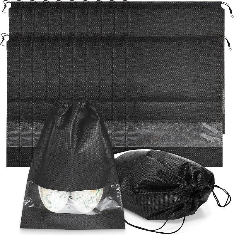 Shappy 50 Pcs Black Travel Shoe Bags Non Woven Packing Drawstring Sacks Clear Window Large Storage Pouch Organizer for Men Women