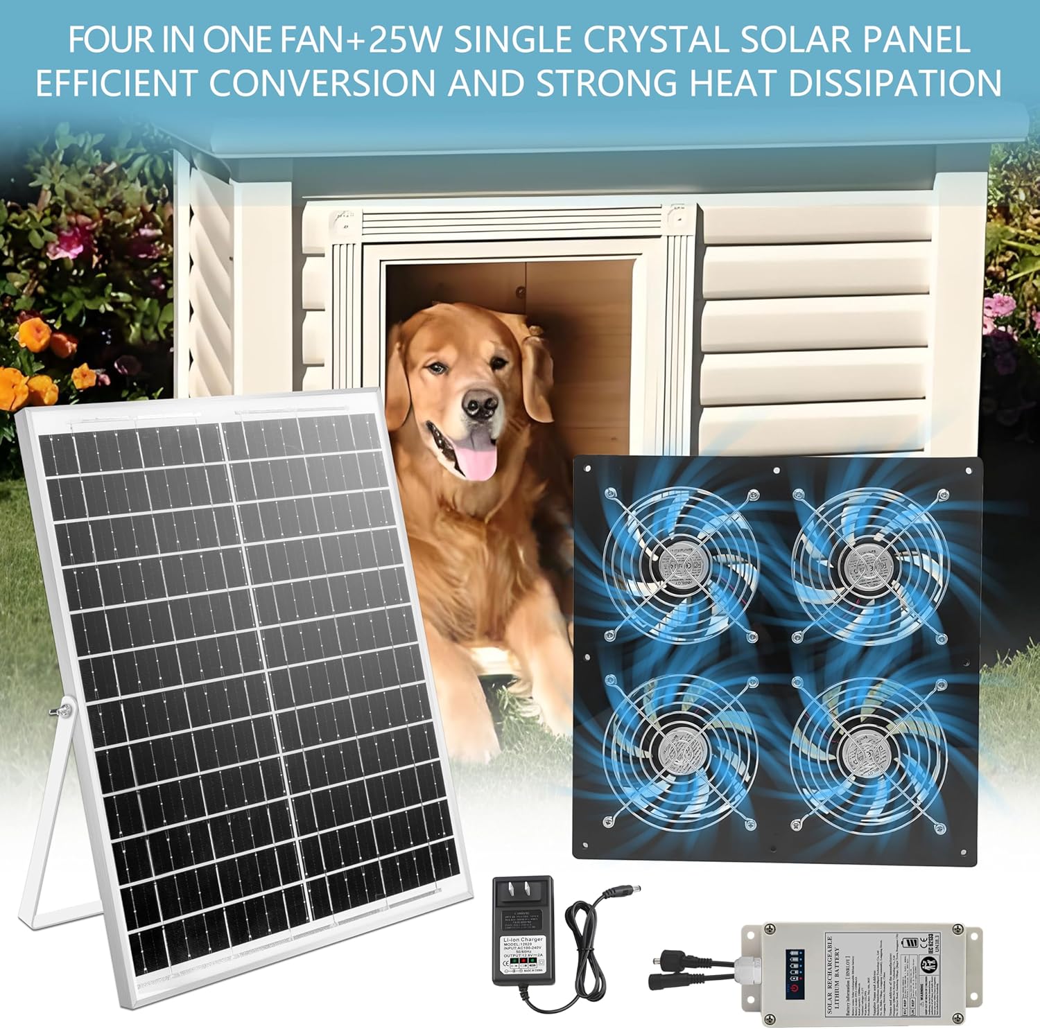 Solar Exhaust Fan for Greenhouse, Solar Chicken Coop Fan with 25W Solar Panel & 4 Pcs High-Speed Brushless DC Ventilation Fans for Shed,Attics,Barns,Dog Houses with 6000mAh Battery