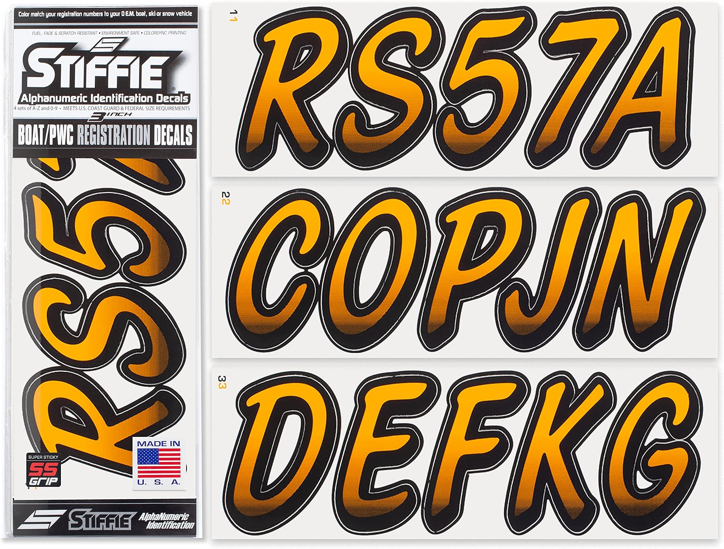 STIFFIE Whipline Orange Crush/Black 3" Super Sticky Boat & PWC Registration Decals • Numbers Letters Stickers