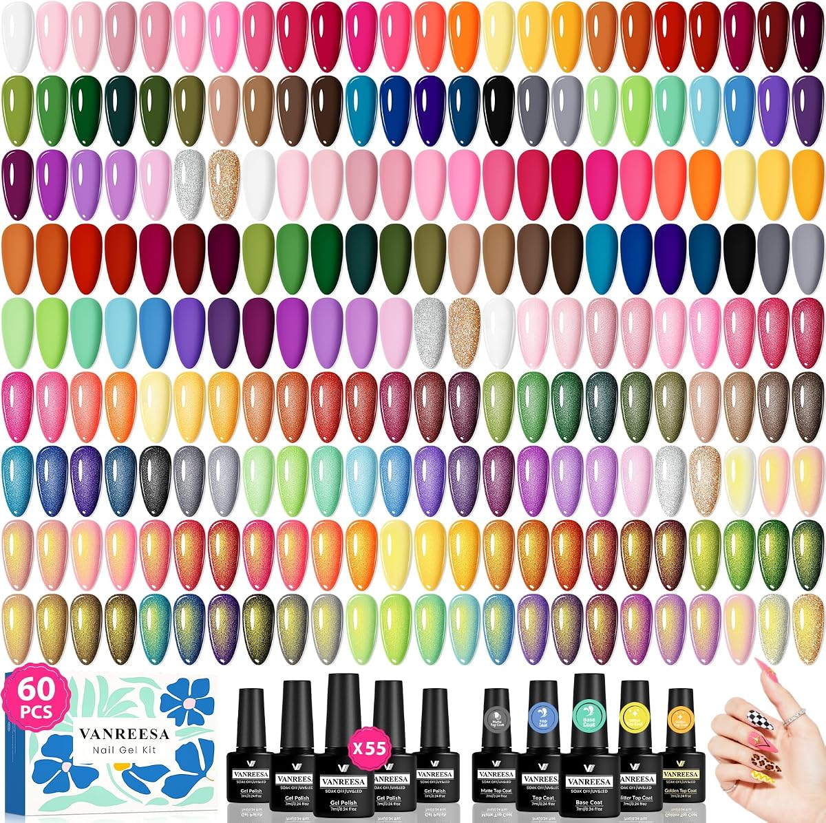 60 Pcs Gel Nail Polish Set, 55 Colors Gel Polish with Base Coat & 4 Effects Top Coat Full-Color Nail Polish Set All Seasons Nail Kit Gifts for Women Girls Nail Salon at Home