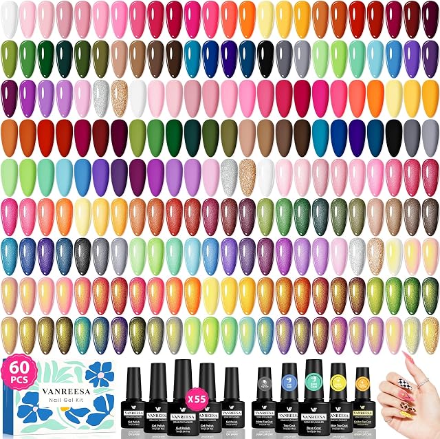 VANREESA 60 Pcs Gel Nail Polish Set, 55 Couleurs Gel polonais avec revêtement de base & 4 Effets Top Coat Ensemble de Nail Polonais à Couleur Pleine Tous les Saisons Kit de Nails Cadeaux pour Femmes Filles Salon de Naille à la maison