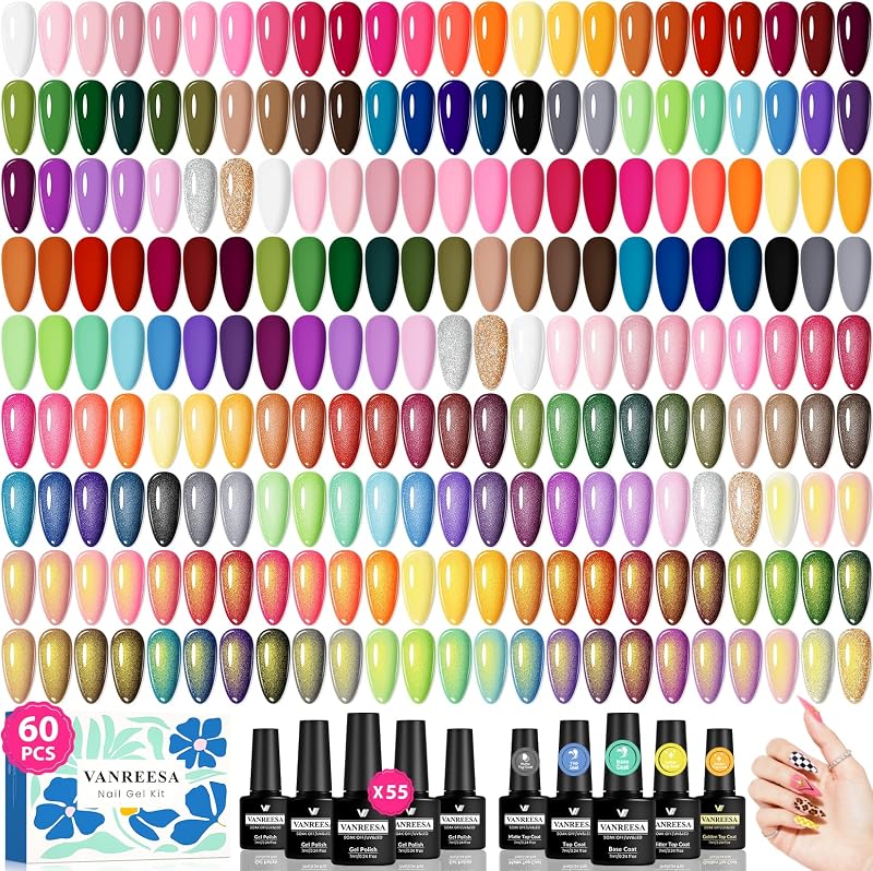 60 Pcs Gel Nail Polish Set, 55 Colors Gel Polish with Base Coat & 4 Effects Top Coat Full-Color Nail Polish Set All Seasons Nail Kit Gifts for Women Girls Nail Salon at Home