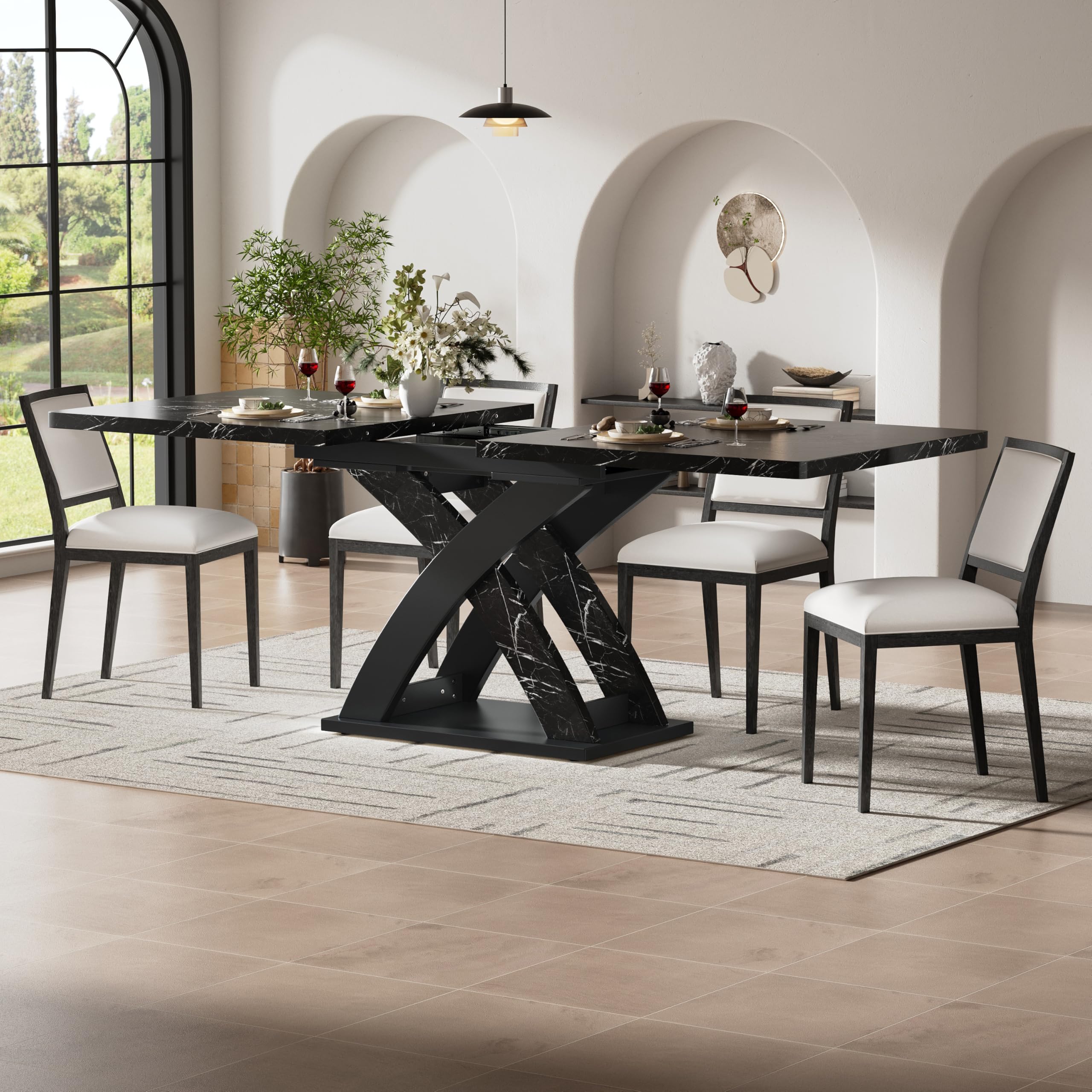 Wysuwany stół do jadalni, kuchni, jadalni lub patio – 160 cm, płyta MDF, solidny metal w kształcie litery X, do siedzenia dla 6 osób, idealny na spotkania rodzinne