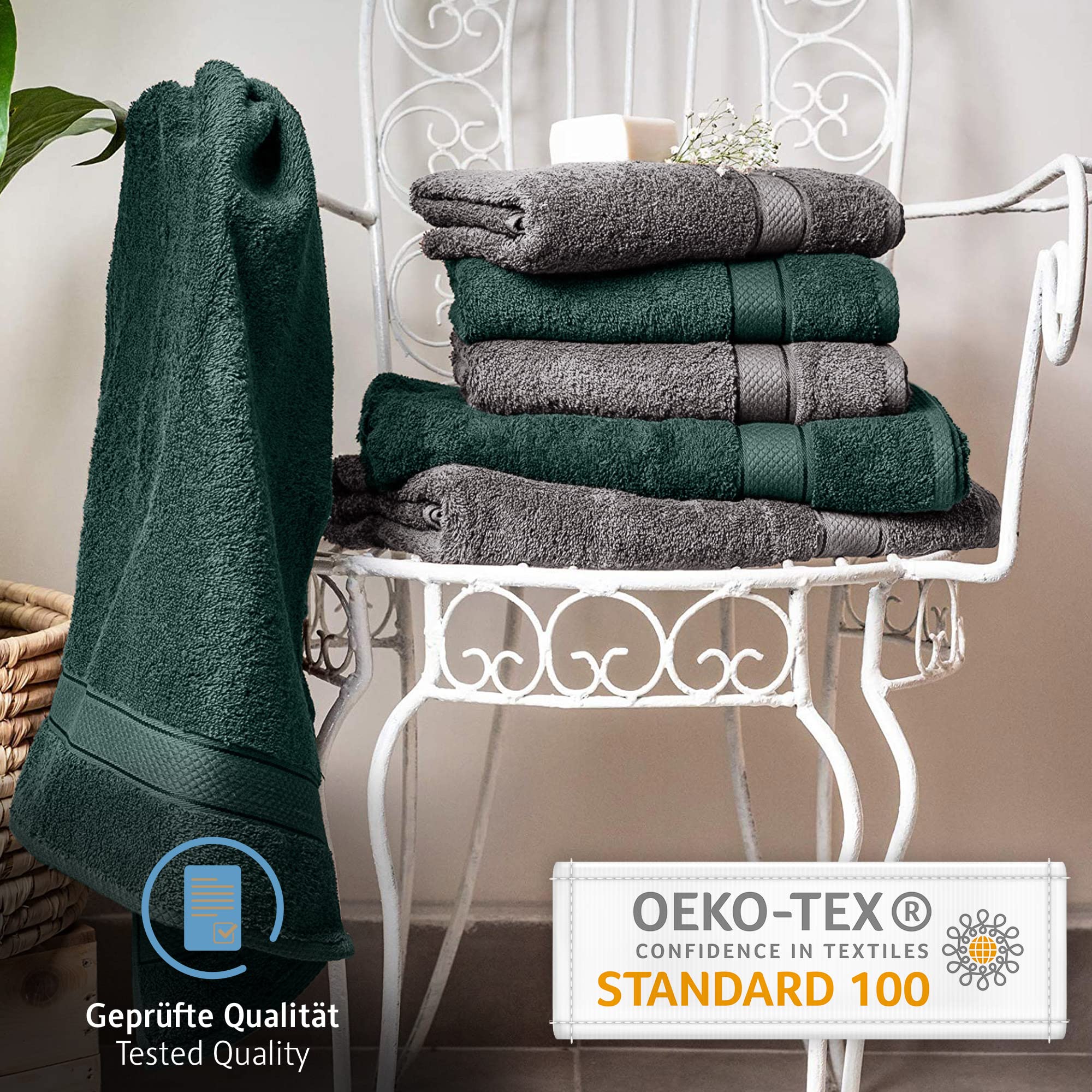 Komfortec Set di 6 asciugamani in 100% cotone, 2 teli da bagno da 70 x 140 cm e 4 asciugamani da 50 x 100 cm, spugna, morbido, antracite grigio/verde scuro