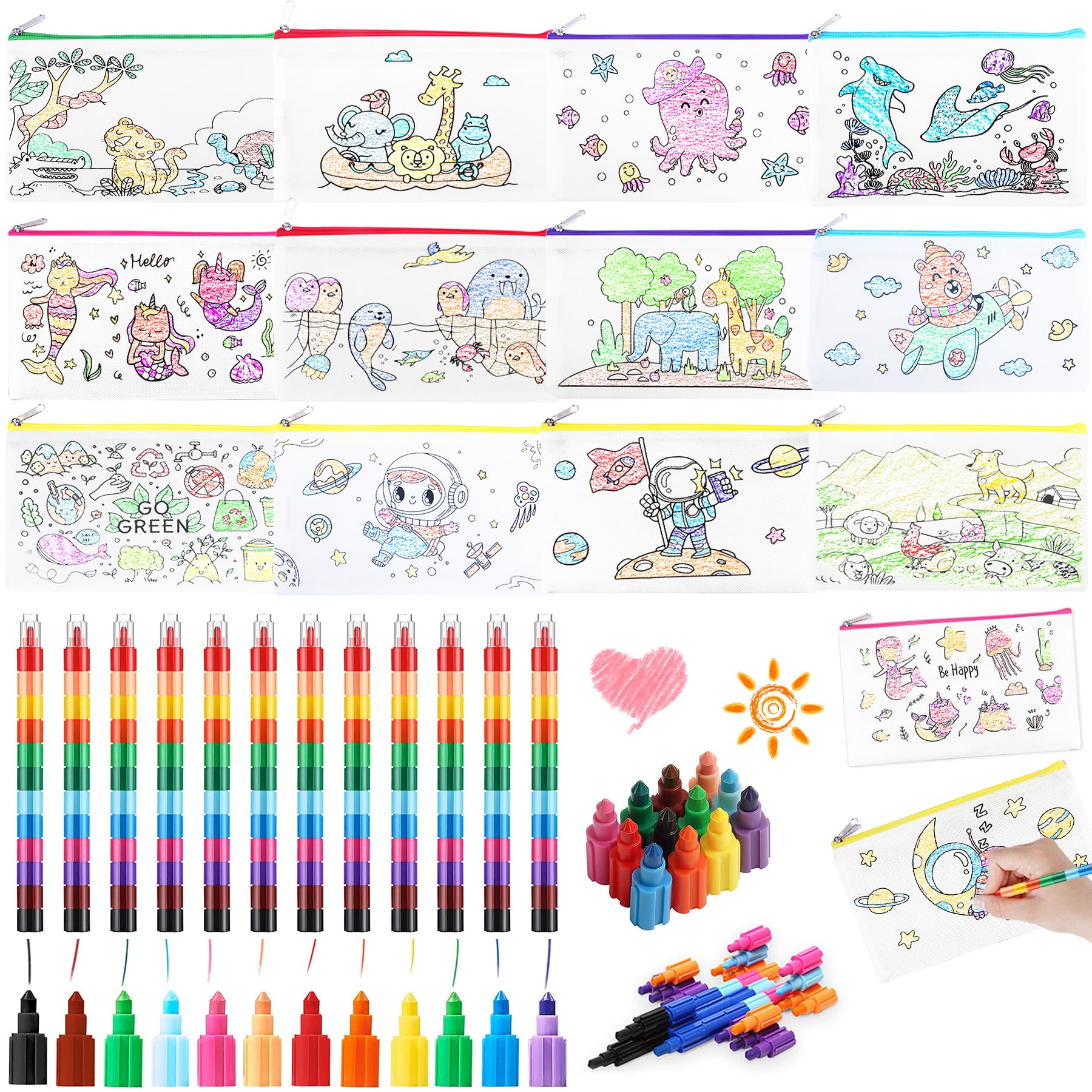 YeahBoom Bags for Painting for Children, Pack of 12 Fabric Bags for Painting for Children and 12 Pieces Stackable Wax Crayons (12 Colours), DIY Children's Fabric Bag Set, DIY Graffiti Non-Woven Fabric