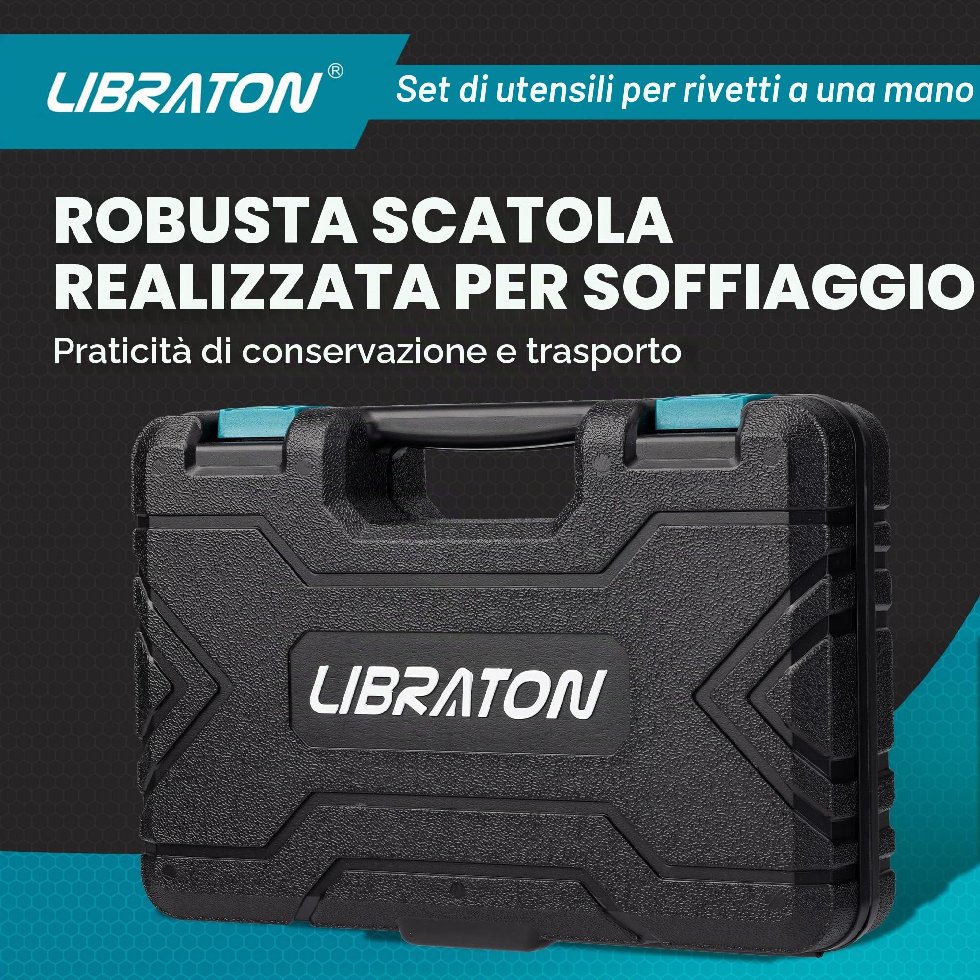 LIBRATON Rivettatrice Manuale, Pistola Rivettatrice Professionale con 200 Rivetti in Alluminio, Include 4 Punte da Trapano, 4 Teste di Rivetto Senza Utensili (2,4mm, 3,2mm, 4,0mm, 4,8mm)