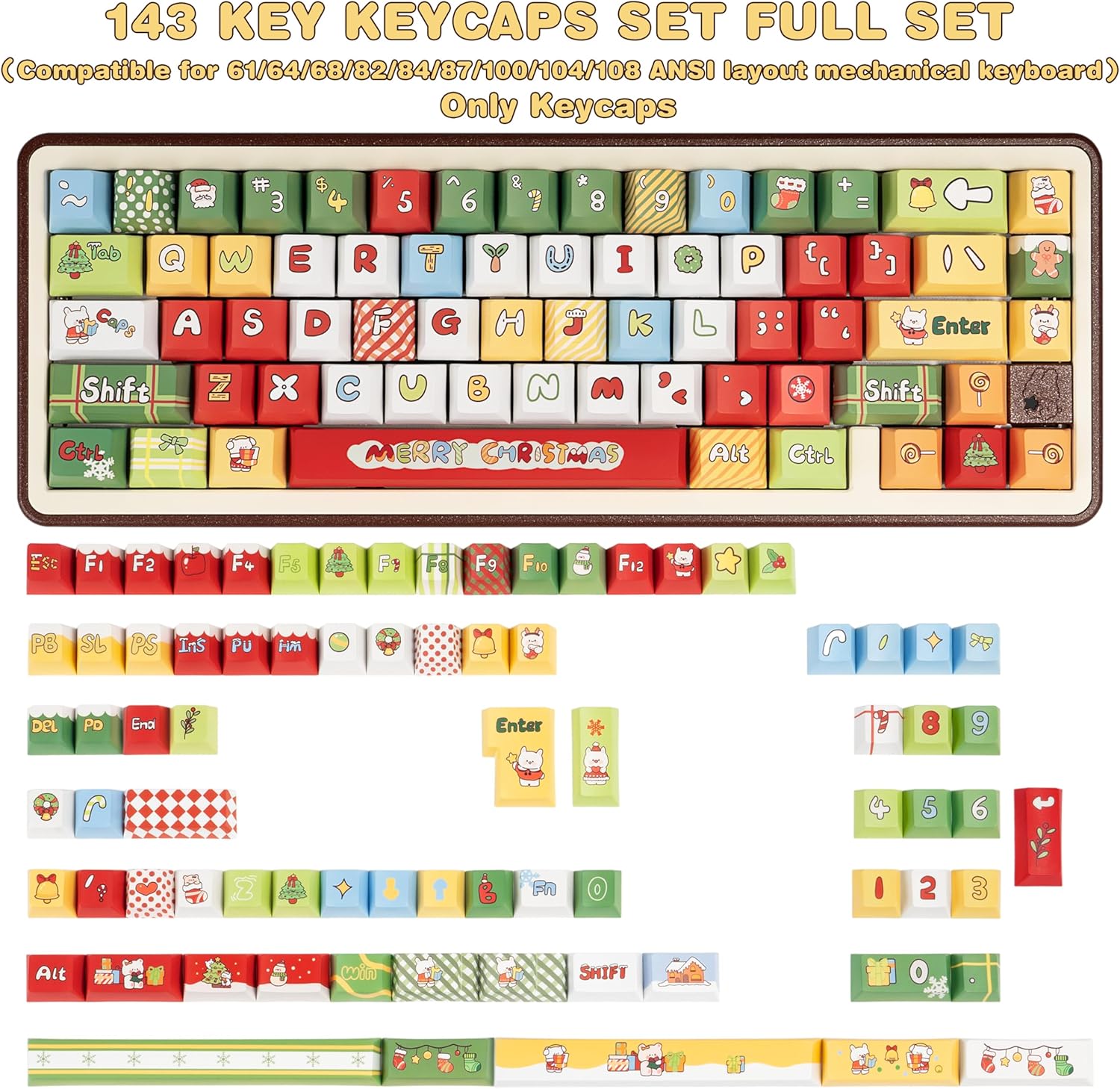 Christmas Theme Cute Keycaps Set, Dye-Sublimation Cherry Profile, 143 Keys PBT Custom Keycaps for ANSI ISO Layout, MX Switches Mechanical Gaming Keyboard
