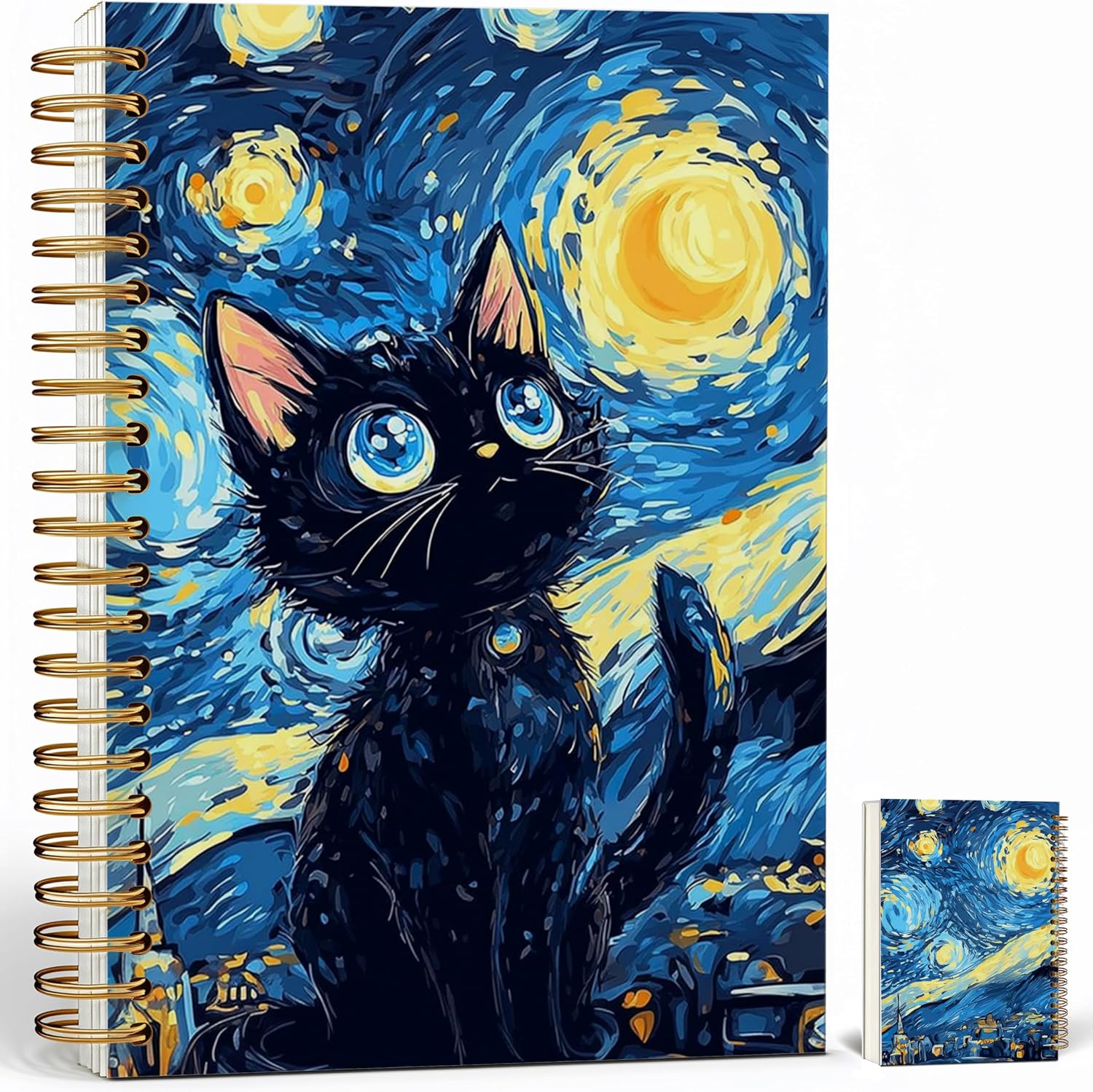 Notebook Journal for Women - A5 Spiral Notebook with Black Cat Starry Night Art Print Design, Funny Cat print Journal, Lined Paper, Office & School Supplies, Unique Gifts for Women Birthday, Christmas (Black cat)