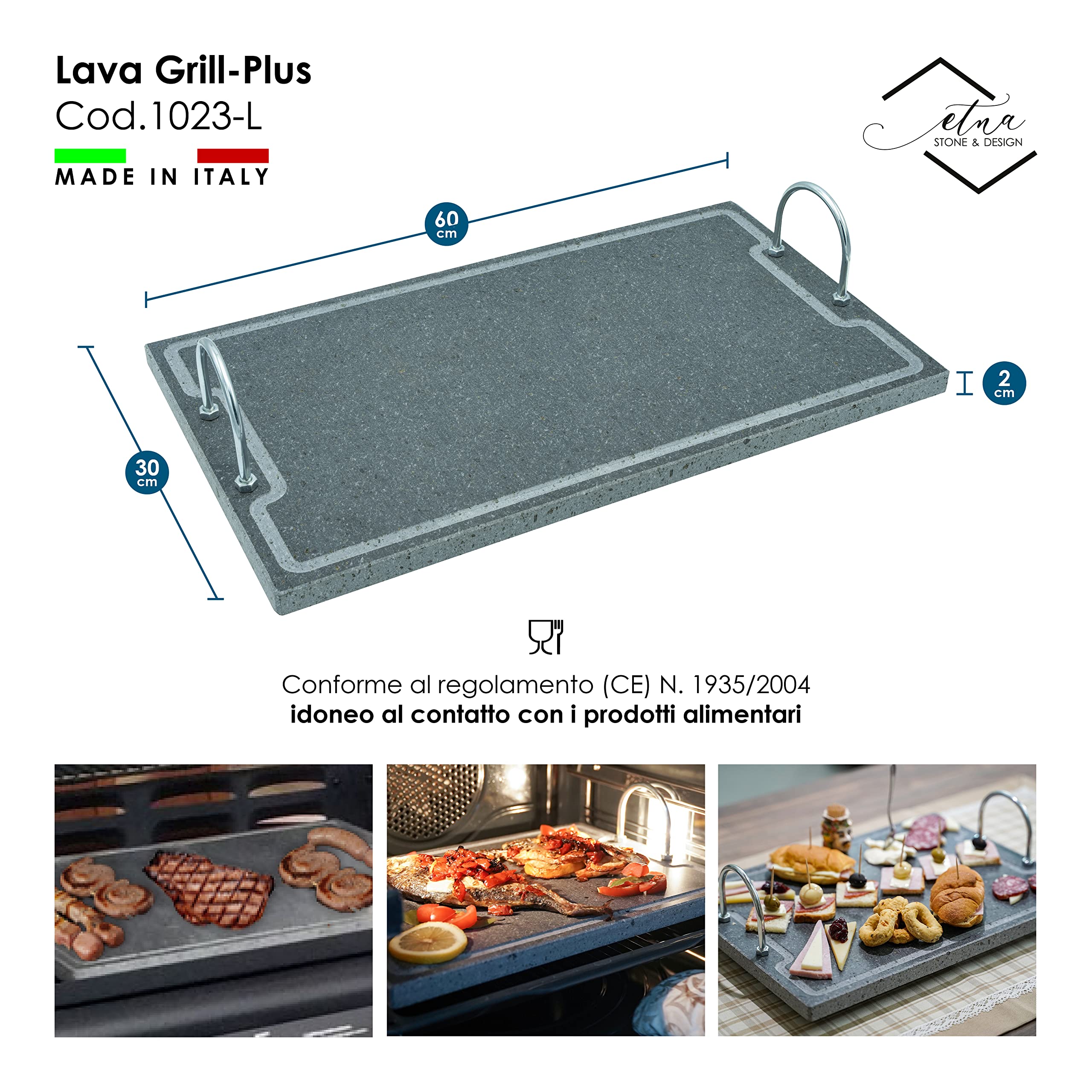 BISTECCHIERA con Manici LAVA GRILL PLUS_ Pietra lavica del vulcano Etna. Antiaderente naturale per Forno E Barbecue Cottura Carne, Pesce, Verdura E Pizza (L 60x30x2cm)