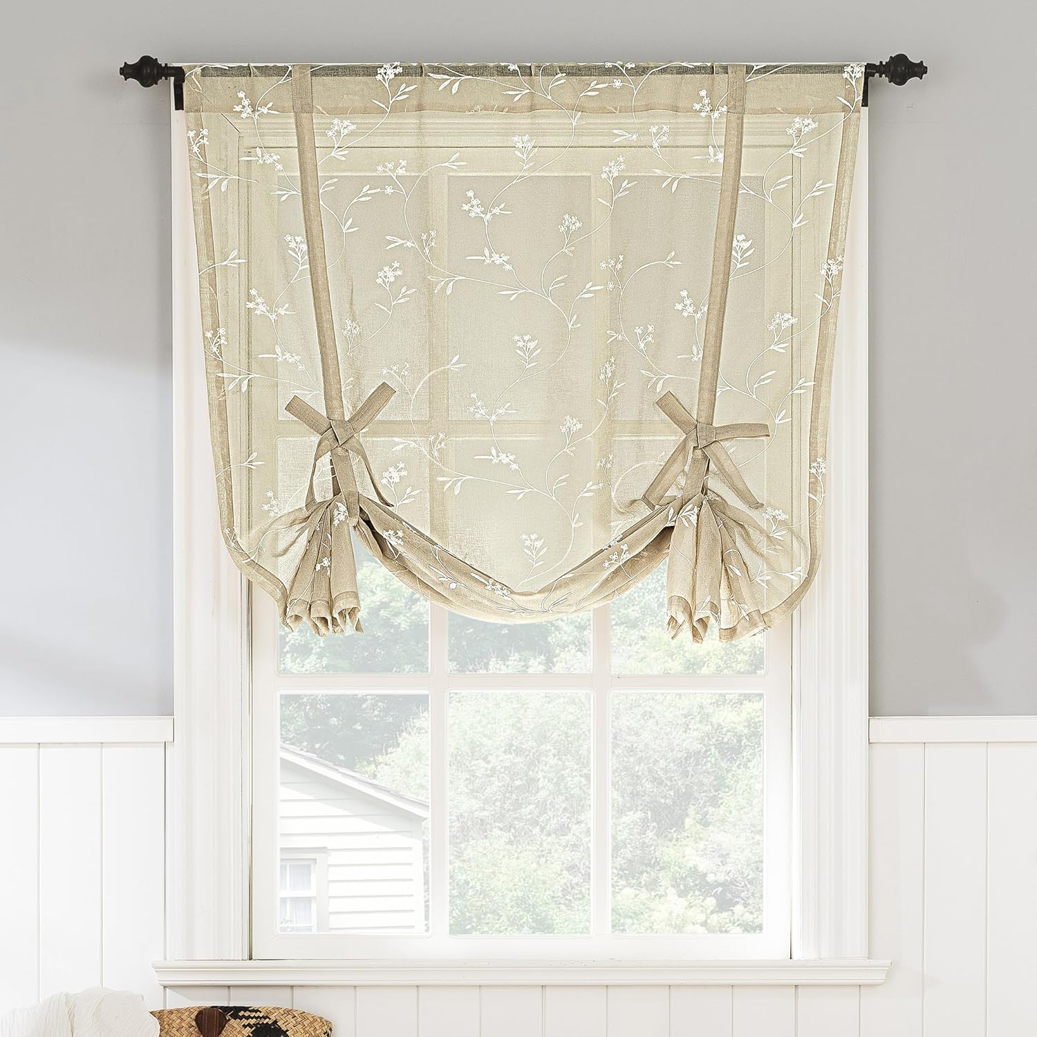 No. 918 Bridget Embroidered Leaf Sheer Rod Pocket Window Tie-up Balloon Shade, Linen, 42" W x 63" L