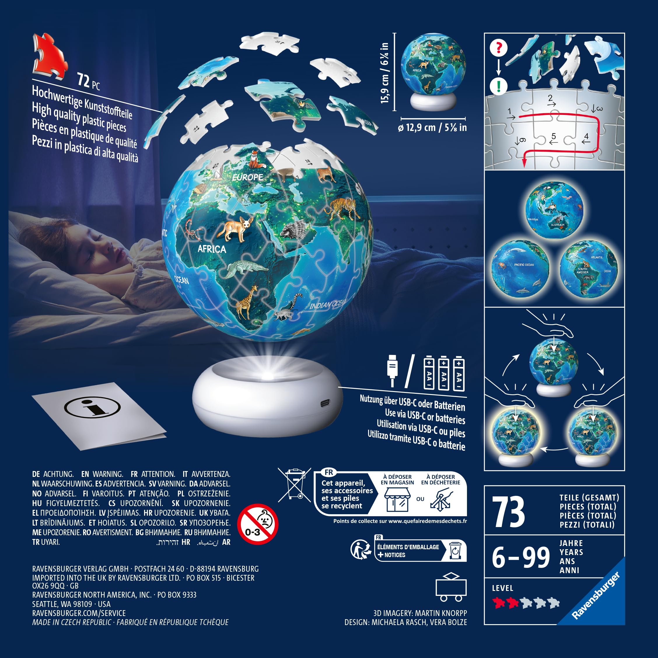 Ravensburger 3D Puzzle Erde mit Tiermotiven - 3D Puzzle Kinder ab 6 Jahren - Puzzle-Ball mit LED Nachtlicht als Nachttischlampe für Kinder - Kinderglobus Geschenke für Mädchen und Jungen - 12008055