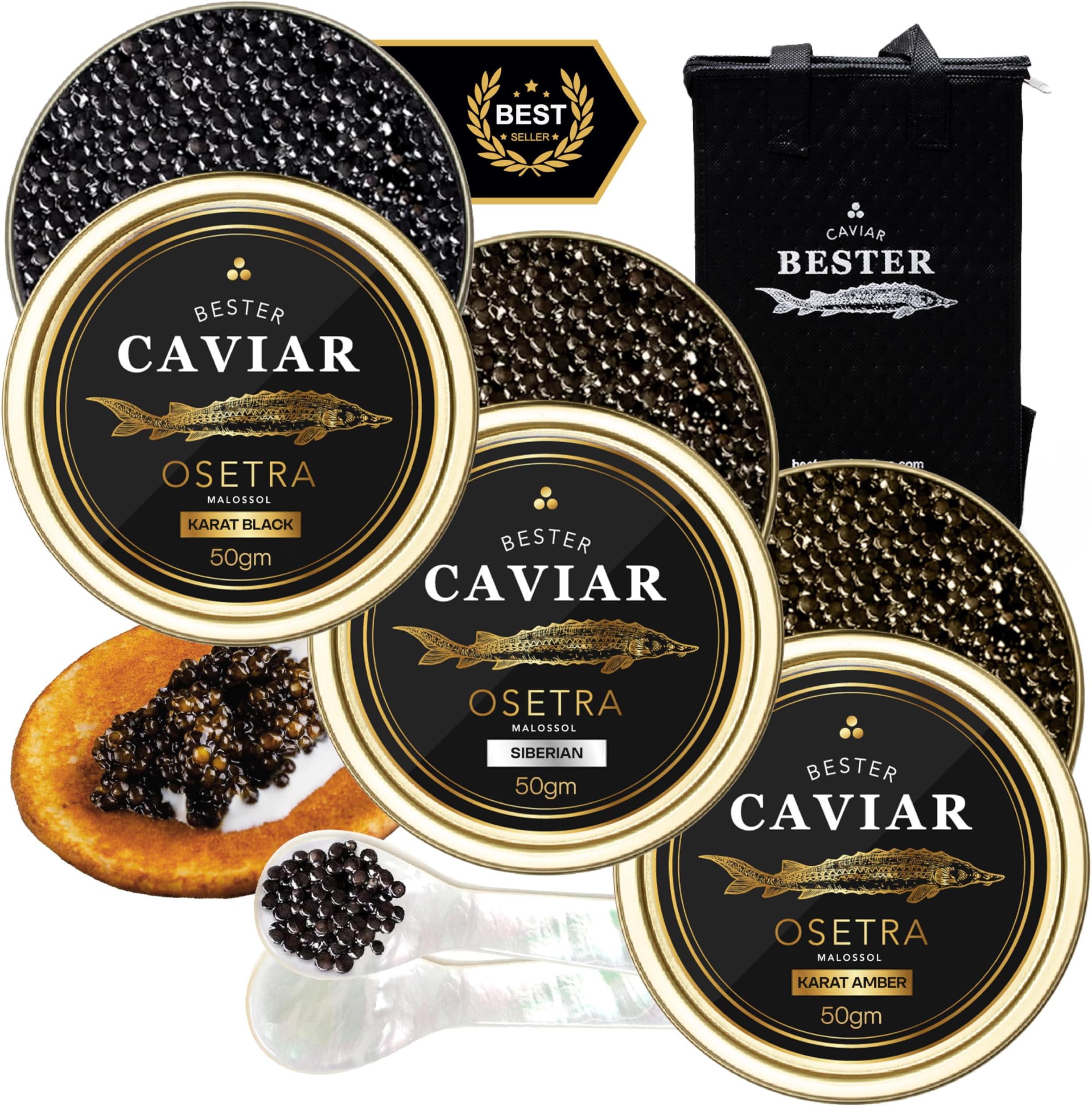 Luxury Osetra Trio Gift Set – 3 Tins (1.75 oz Each) – Karat Black, Karat Amber & Siberian Osetra – Caviar Serving Set with Mini Blinis (30 pcs), 2 Spoons & Cooler Box