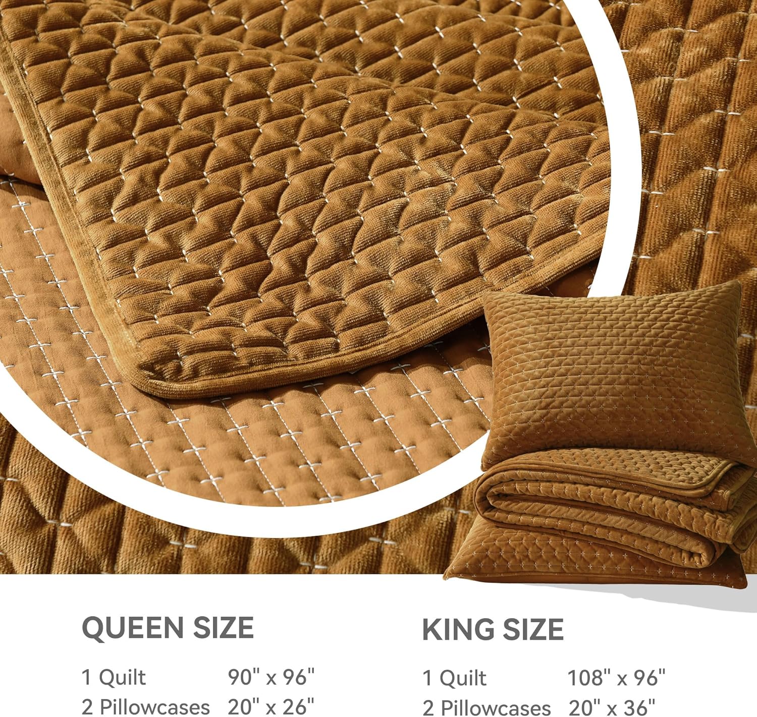 Grassix Velvet Quilt Set King Size, 3 Pieces Cross Stitch Bedspread Coverlet with 2 Shams for All Season, Lightweight Comforter Bedding Set, Gold Caramel, 108"x96" - Image 9