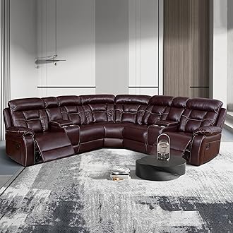 L Shaped Symmetrical Leather Sectional Sofa with Recliner for Living Room,Corner Sectional Sofa,Home Theater Seating with 2 Recliner Seats,3 Console,Cup Holder and Storage,Brown