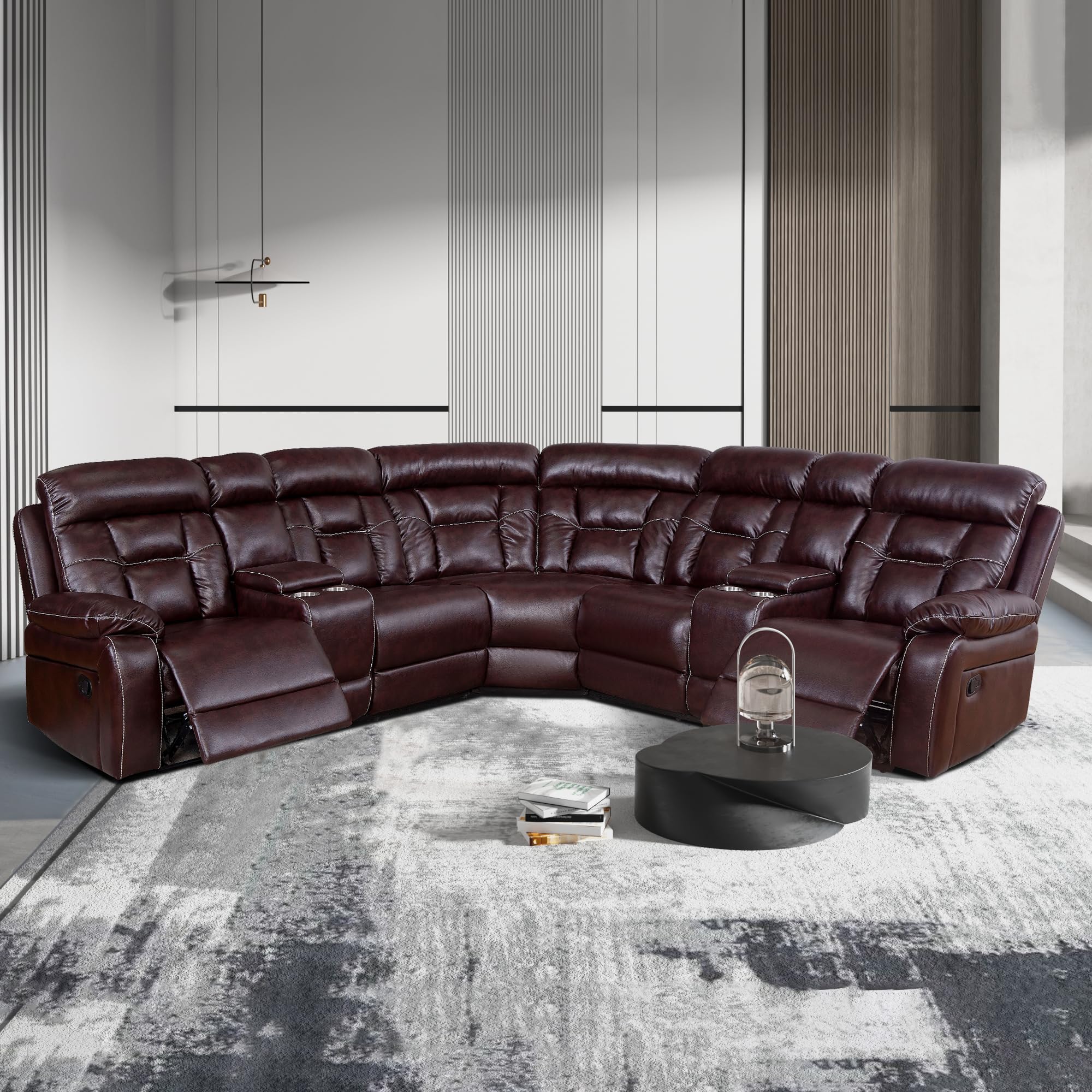 L Shaped Symmetrical Leather Sectional Sofa with Recliner for Living Room,Corner Sectional Sofa,Home Theater Seating with 2 Recliner Seats,3 Console,Cup Holder and Storage,Brown