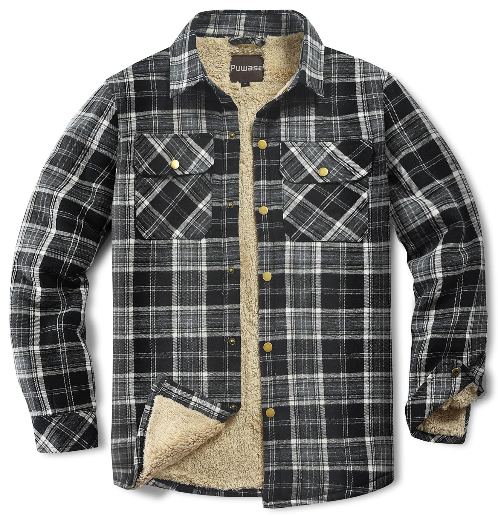 Men's Sherpa Cotton Flannel Shirt Jacket Plaid Button Coat Pocket