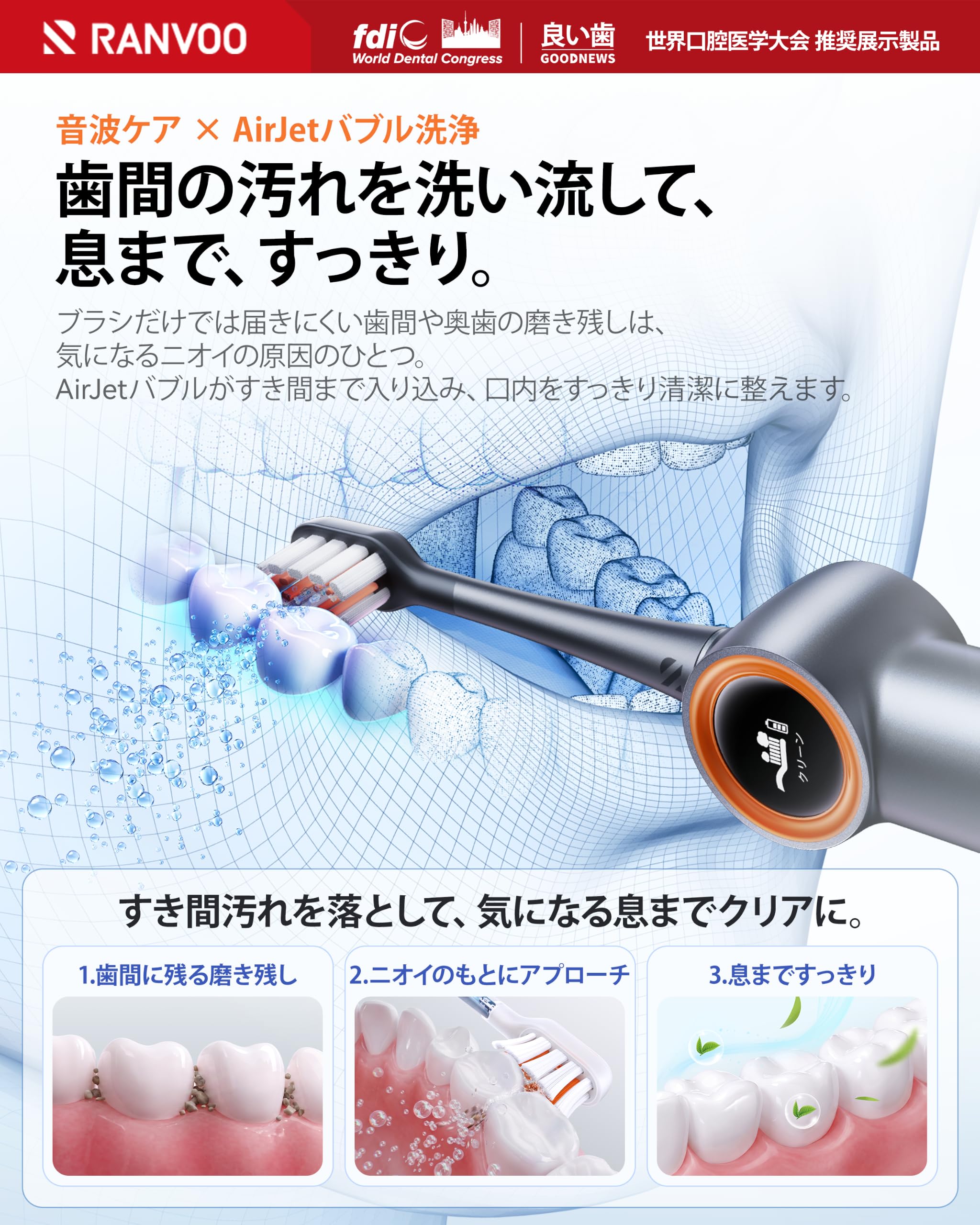 Amazon.co.jp: 【ホワイトニング特化】RANVOO AirJet X3 電動歯ブラシ