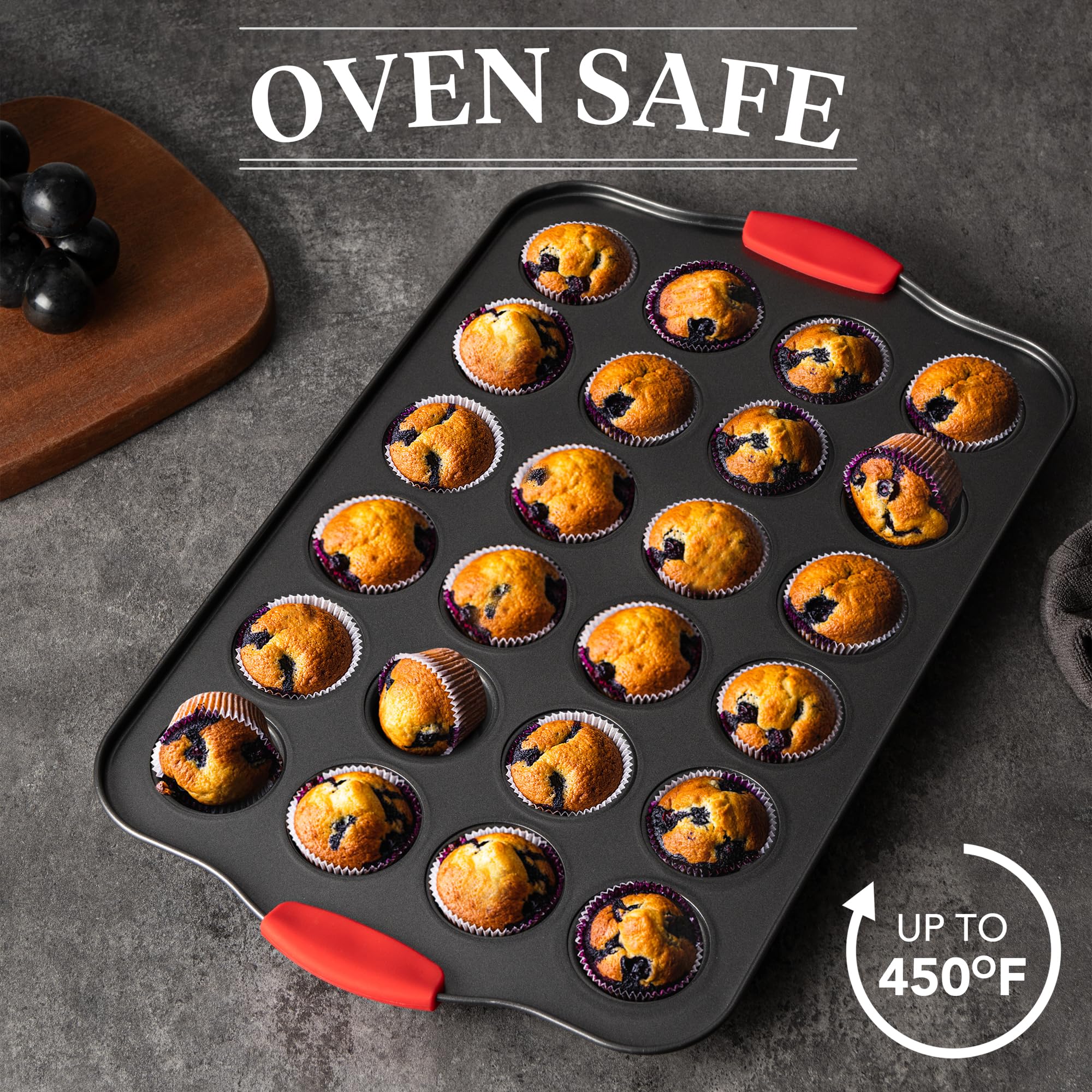 Lot de 2 mini moules à muffins, 24 cavités, antiadhésifs, robustes avec poignées en silicone