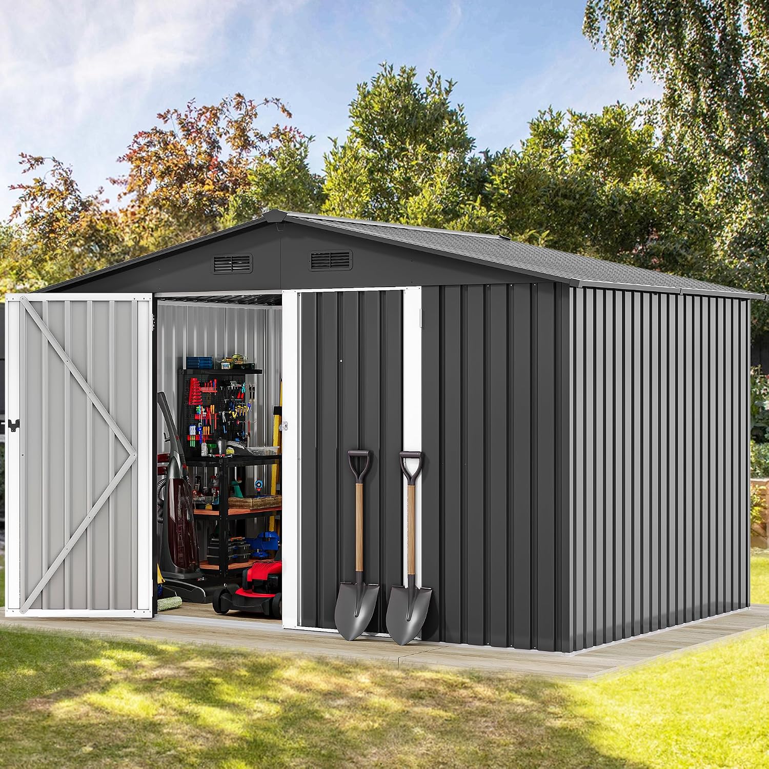 DWVO 10'x8' Large Metal Outdoor Storage Shed, Heavy Duty Tool Storage Sheds for Backyard Patio Lawn - Ideal for Bicycles, Garden Tools, and Lawn Equipment, Easy-to-Assemble, Dark Gray