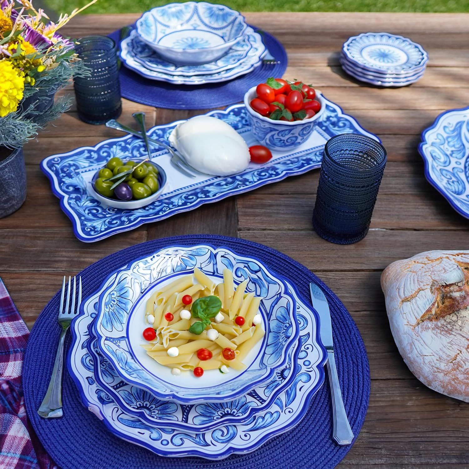 Veranda 9-Inch Melamine Salad and Dessert Plates, Set of 4 – Blue and White Floral Scroll Design – Shatterproof, Lightweight, Dishwasher Safe Plates for Everyday or Outdoor Entertaining