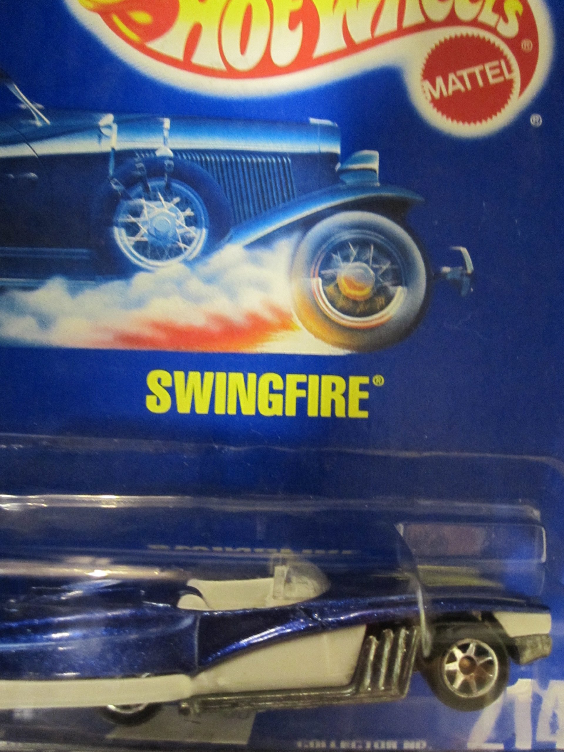Swingfire 1994 Hot Wheels #214 Blue with Seven Spoke Wheels on Solid Blue Card