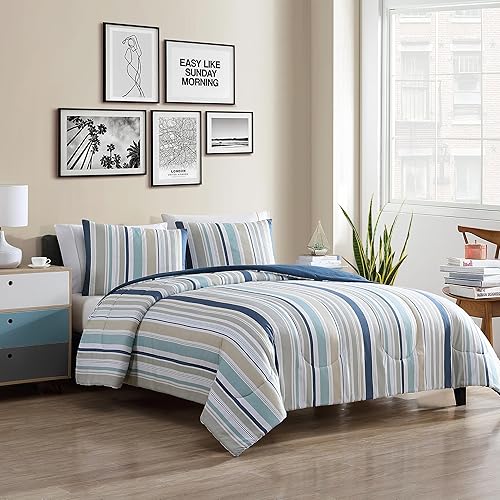 Miniatura 6 de 1888 Mills True Classics - Juego de edredón de microfibra, tamaño matrimonialqueen, estampado a rayas