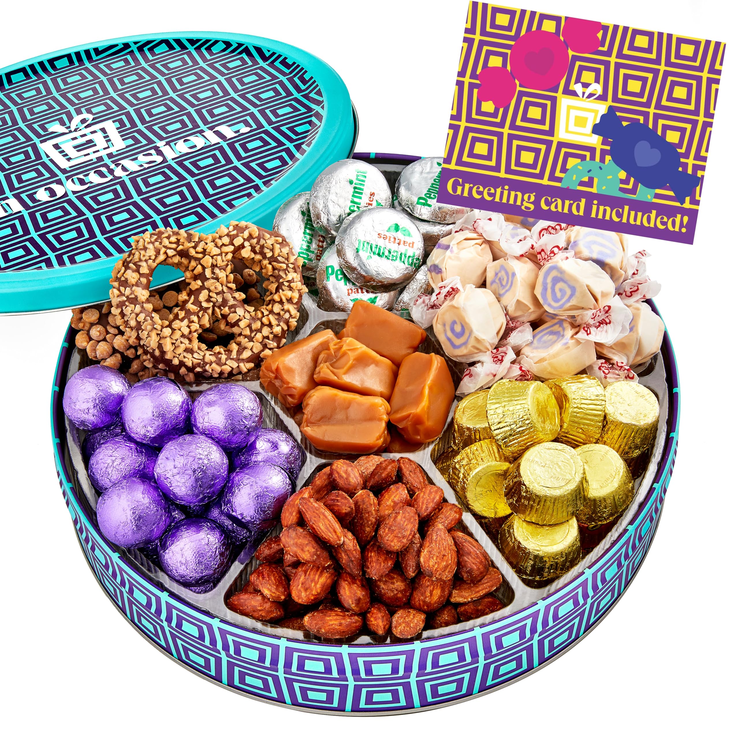 On OccasionChocolate and Nuts Gift Box – Kosher Candy Tin with Sweet and Salty Assortment – Gourmet Treat Box – Premium Gift with Chocolate, Caramel, Crunchy Bites, and Dessert Treats