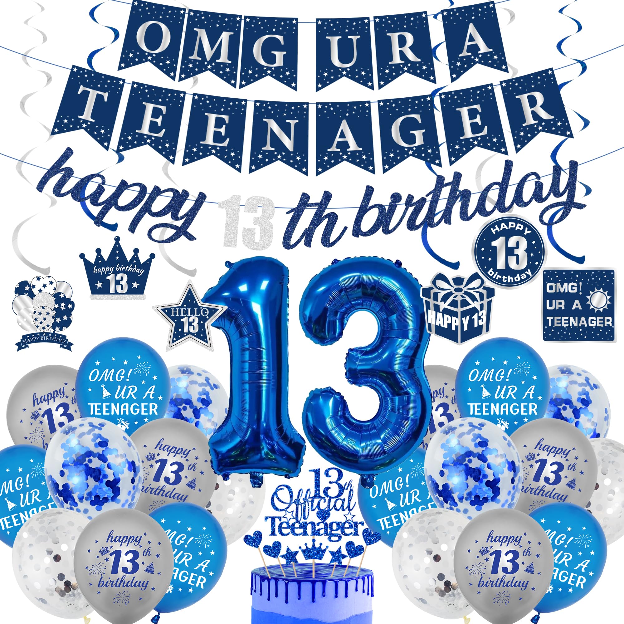 13th Birthday Decorations Boy Set - 32 Pcs Blue Official Teenager Decorations Including OMG URA TEENAGER Banner, Number 13 Balloon, Hanging Swirls and Latex Balloons for 13 Years Old Party Supplies