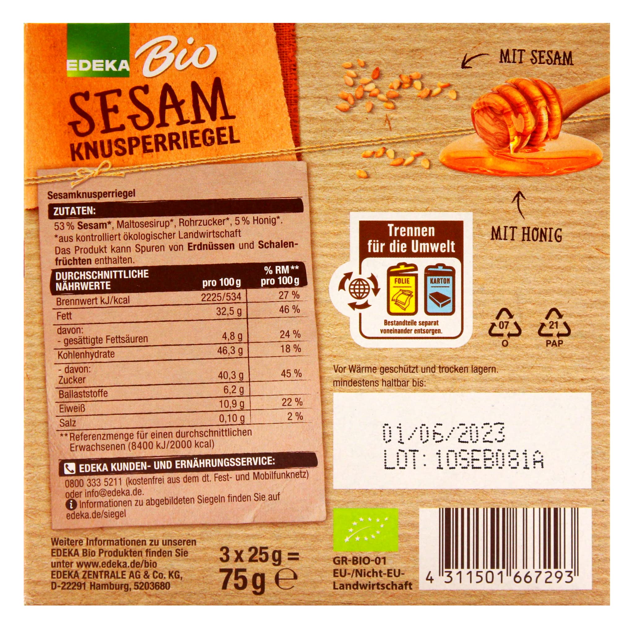 Edeka Bio Sesam Knusperriegel, 10er Pack (10 x 75g)