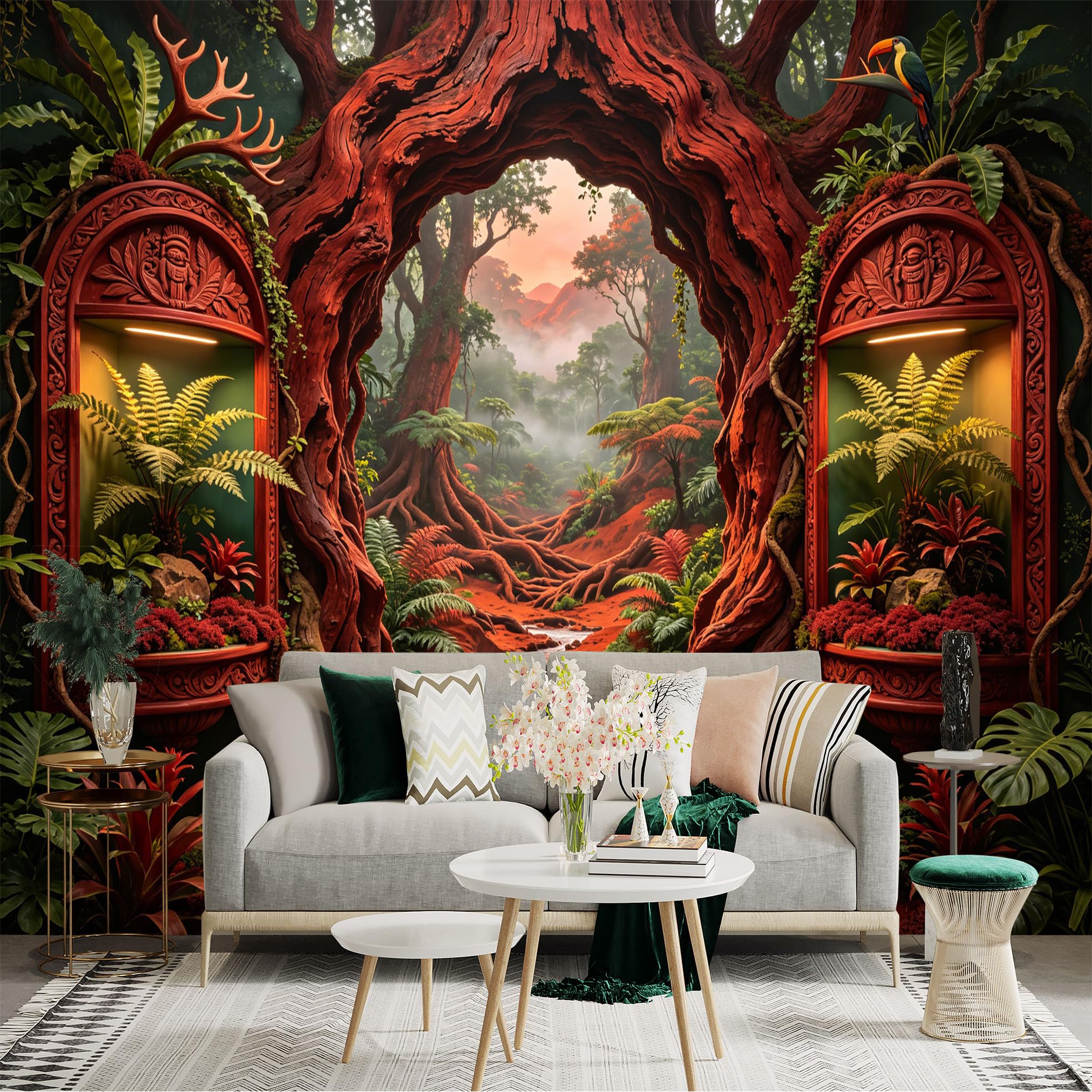Custom Size Wall Sticker Mural， Mystic Red Forest with Stream， Ferns and Tropical Plants， for wall Decoration， peelandstick wall Decals.