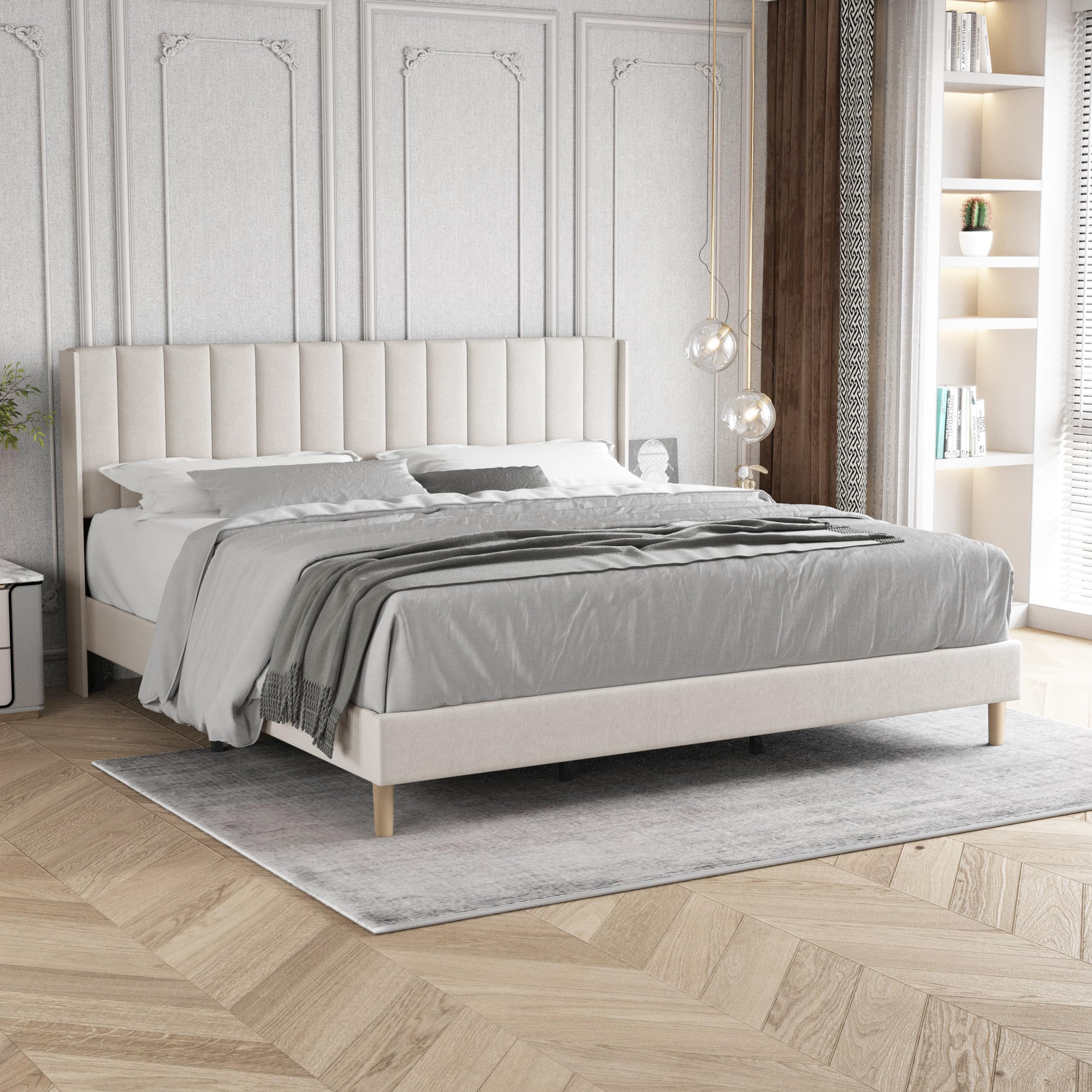 Zoophyter Upholstered Platform Bed Frame King Size with Headboard,Strong Wooden Slats Support No Box Spring Needed Easy Assembly Beige Velvet