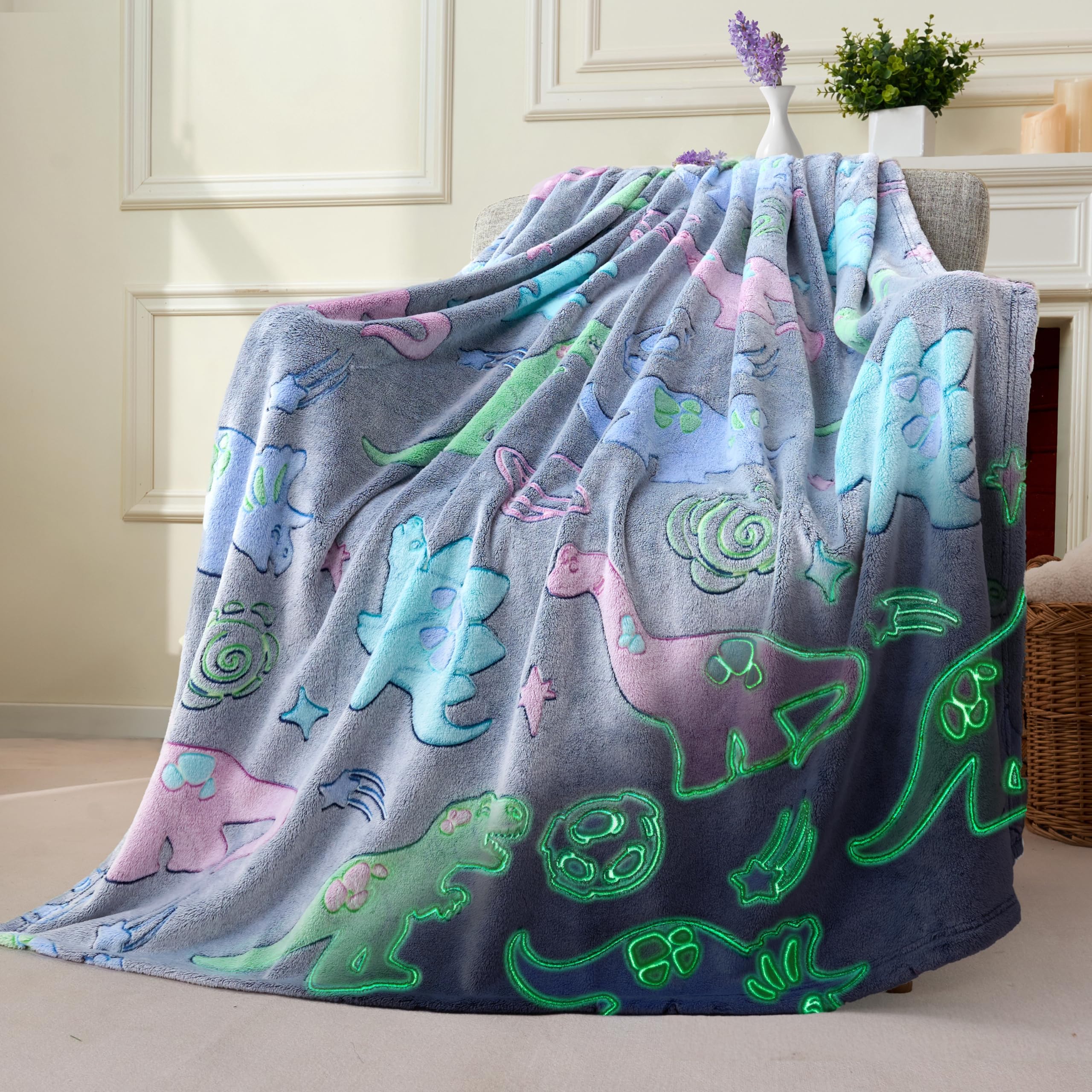 Joiedomi Glow in The Dark Blanket - Dinosaur Gifts Toys for Girls Boys Age 2 3 4 5 6 7 8 9 10 11 12 Year Old - Soft Cozy Flannel Kids Throw Blanket, Birthday Bedroom Decor 50"×60"OEKO-TEX STANDARD 100
