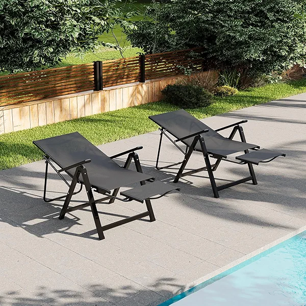 Outdoor Patio Folding Chairs Set of 2, Portable Dining Chairs with Armrests, Chaise Lounge Chairs with Footrests, Adjustable Reclining Chair for Garden, Camping, Deck, Lawn, No Assembly, 330lbs, Black