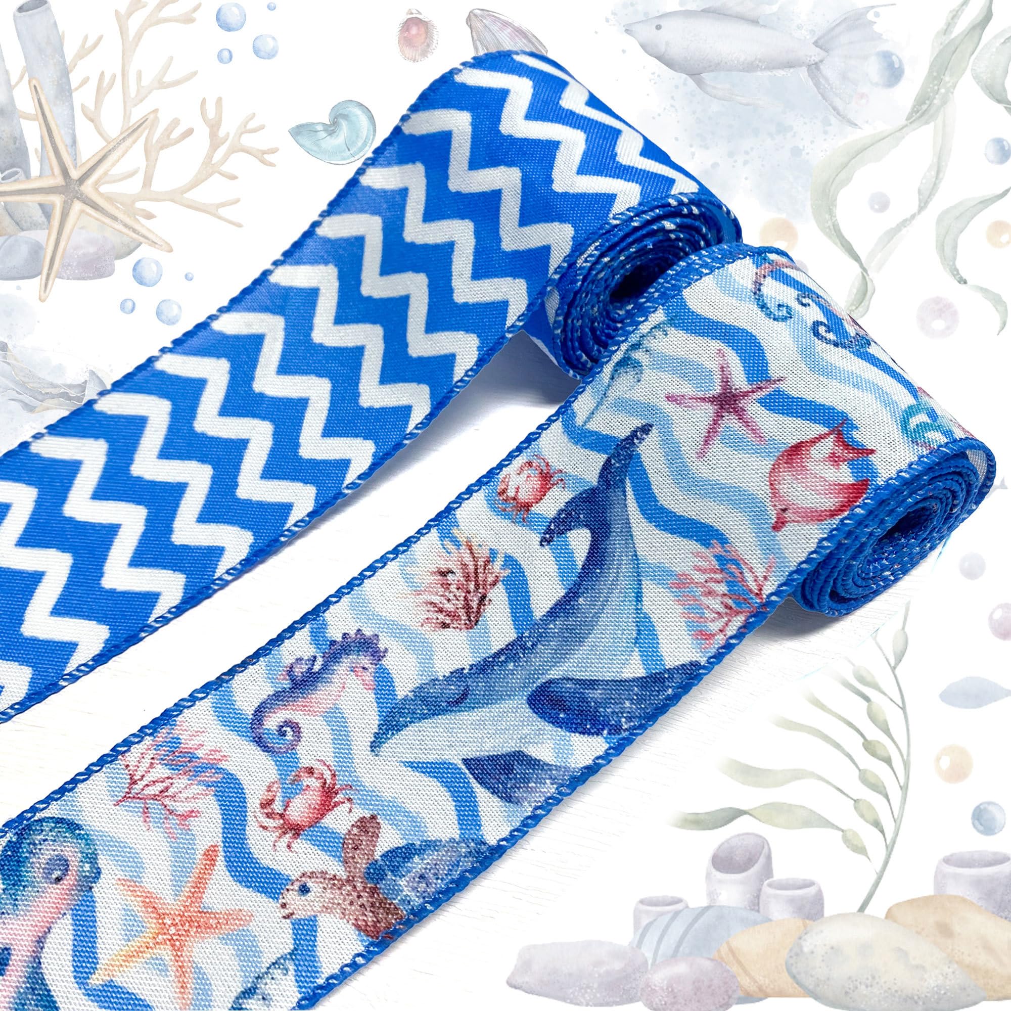 HIENAJ 2 Rolls Ocean Ribbons for Crafting, Blue Corals Wired Edge Ribbon, Starfish Turtles Burlap Ribbon Ship Rudder Ribbon Bows for Wreaths Basket DIY Crafts Gift Party Bow Decoration