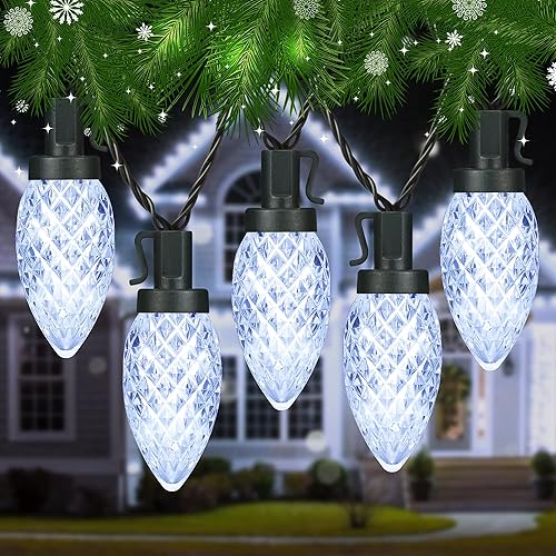 Toodour Luces de Navidad C9 para exteriores, 33 pies, 50 luces LED de Navidad, luces decorativas de Navidad facetadas de fresa, luces decorativas de
