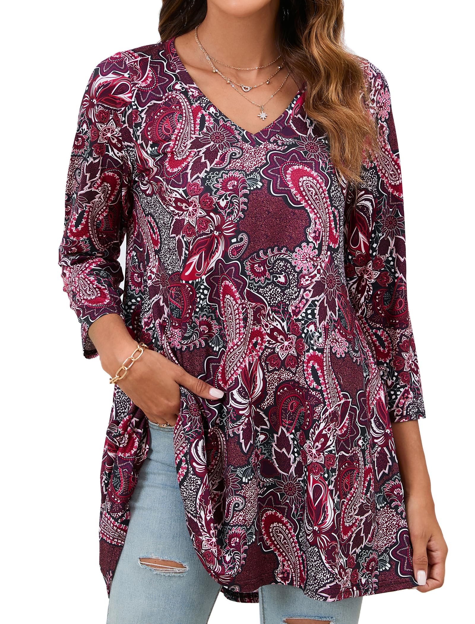 Enmain Maglietta Donna Manica Lunga Tunica Donna Maniche a 3/4 Scollo V Maglia Lunga per Leggings Elegante Stampata Paisley Tunica Taglie Forti Comfort Camicia