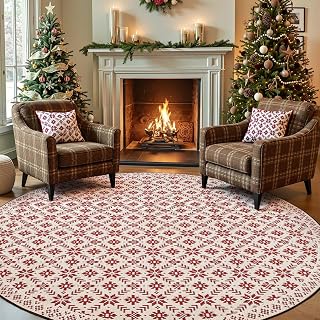 jinchan Knit Look Round Christmas Rug for Dining Room 8ft Red Circle Holiday Rug for Living Room Classic Snowflake Printed 8' Soft Indoor Carpet for Bedroom Washable Non-Slip Xmas Decor Red on Ivory