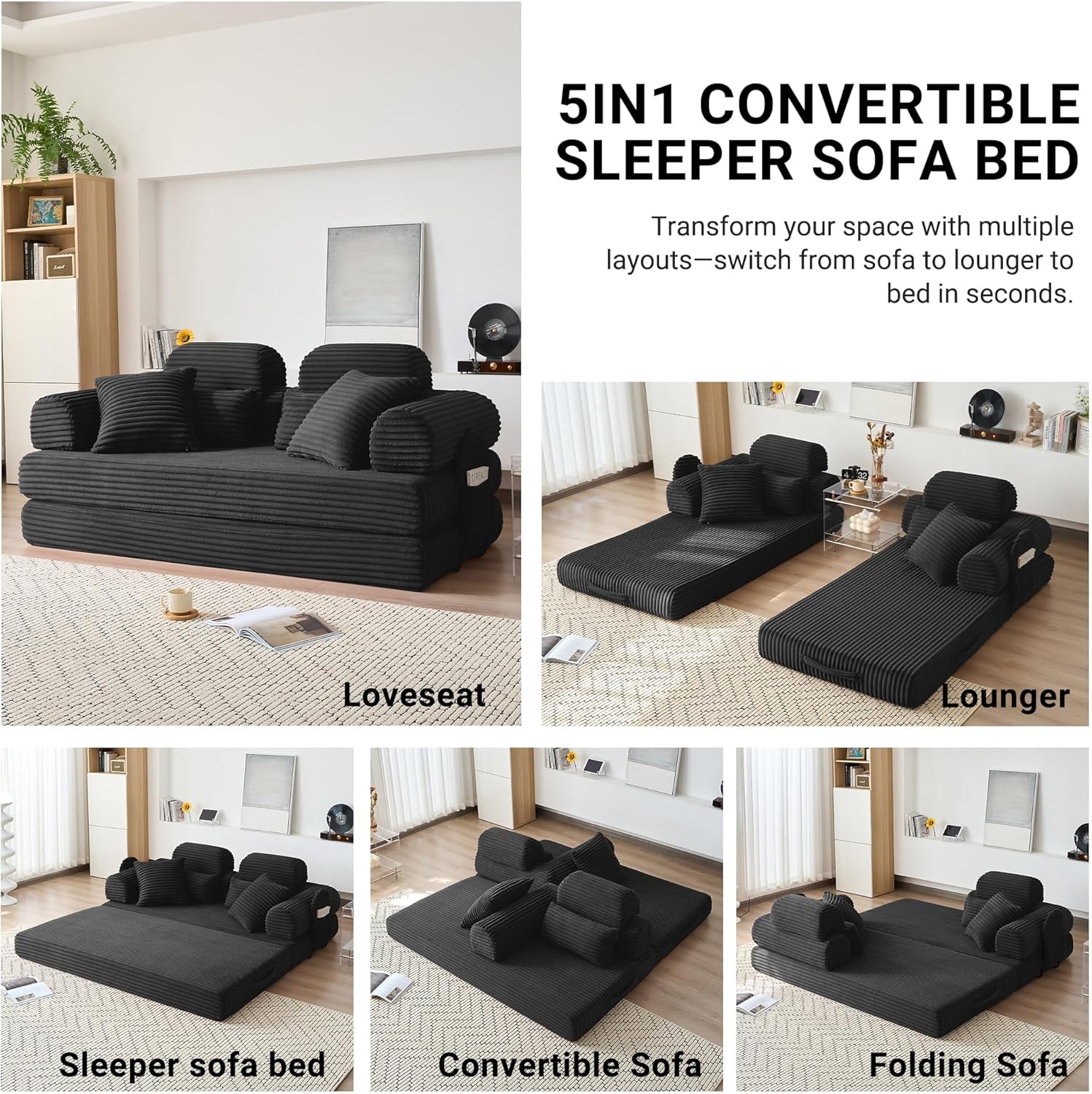 78.8" Convertible Sofa Bed with High Backrest Headrest, 5-in-1 Corduroy Boneless Couch with Side Pocket, Sleeper Loveseat Couch Bed Sectional Couches for Living Room, No Assembly, Black | Detachable Cover, Washable