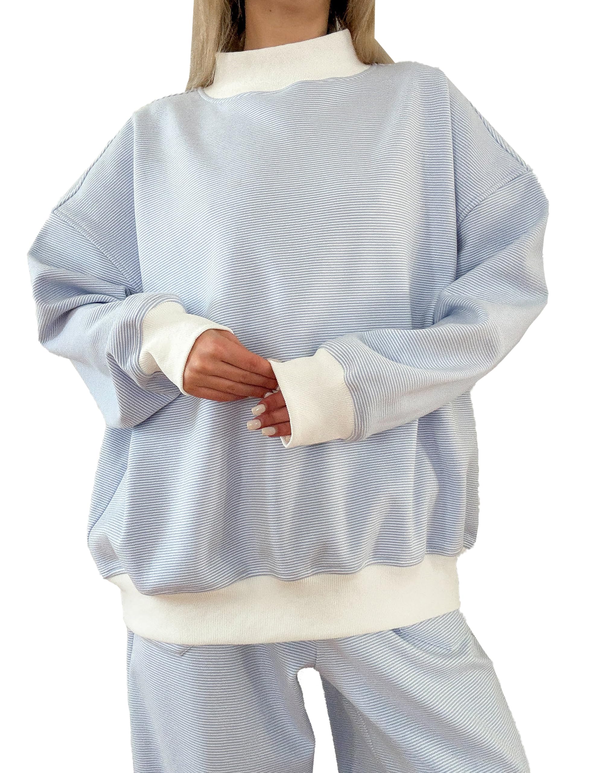 Photo 1 of DURUNUL Women Oversized Mockneck Sweatshirt Striped Mock Neck Long Sleeve Pullover Sweatshirts Fall Winter Lounge Tops Light Blue